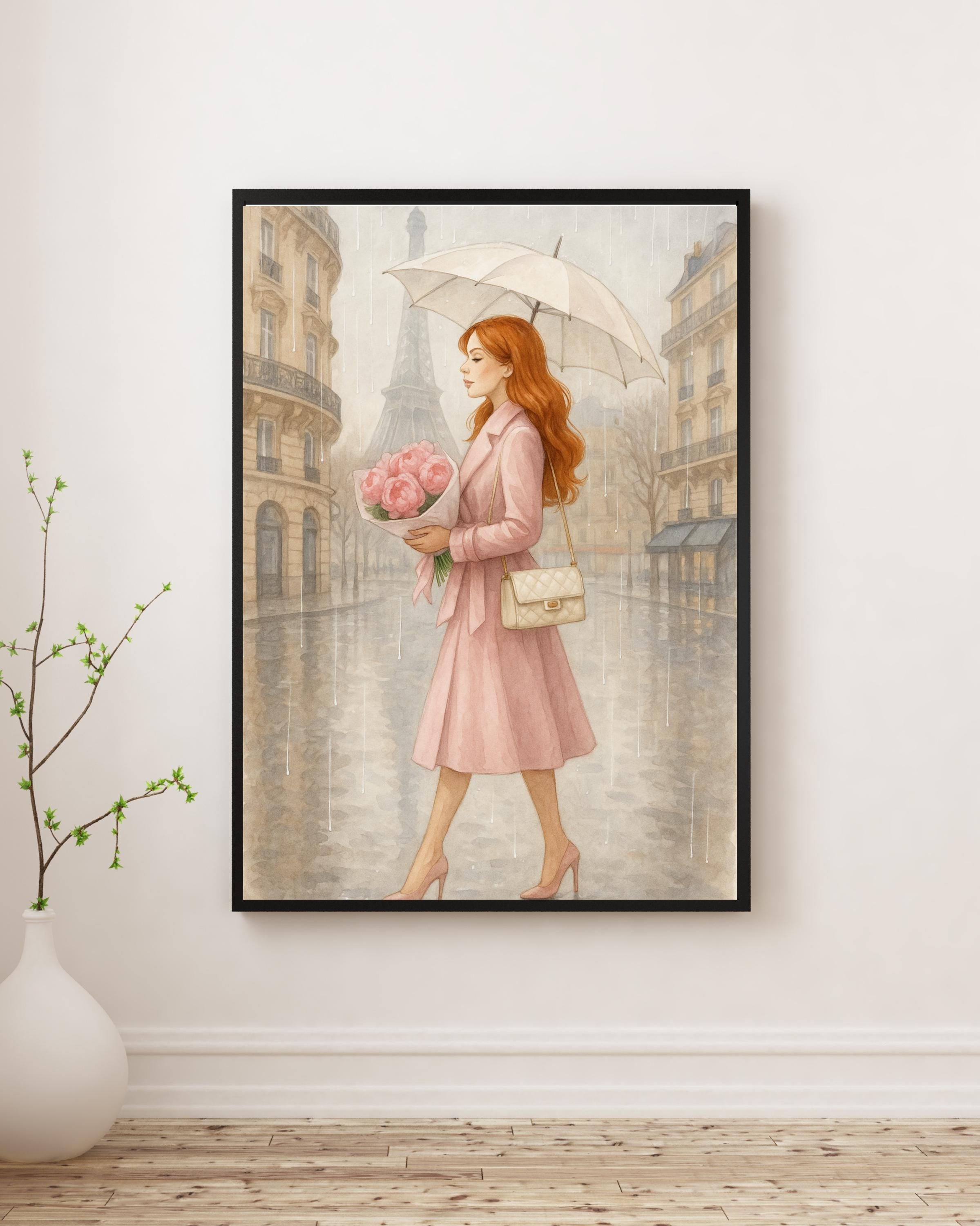 Rainy Day in Paris Wall Art | Redhead Woman with Umbrella | Feminine Paris Fashion Print | Romantic Digital Download