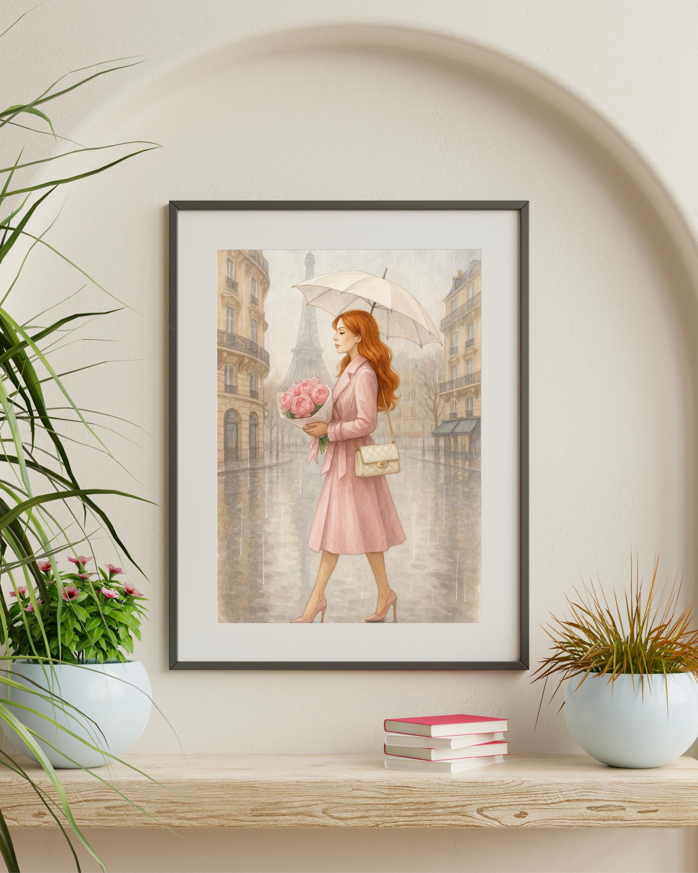 Rainy Day in Paris Wall Art | Redhead Woman with Umbrella | Feminine Paris Fashion Print | Romantic Digital Download
