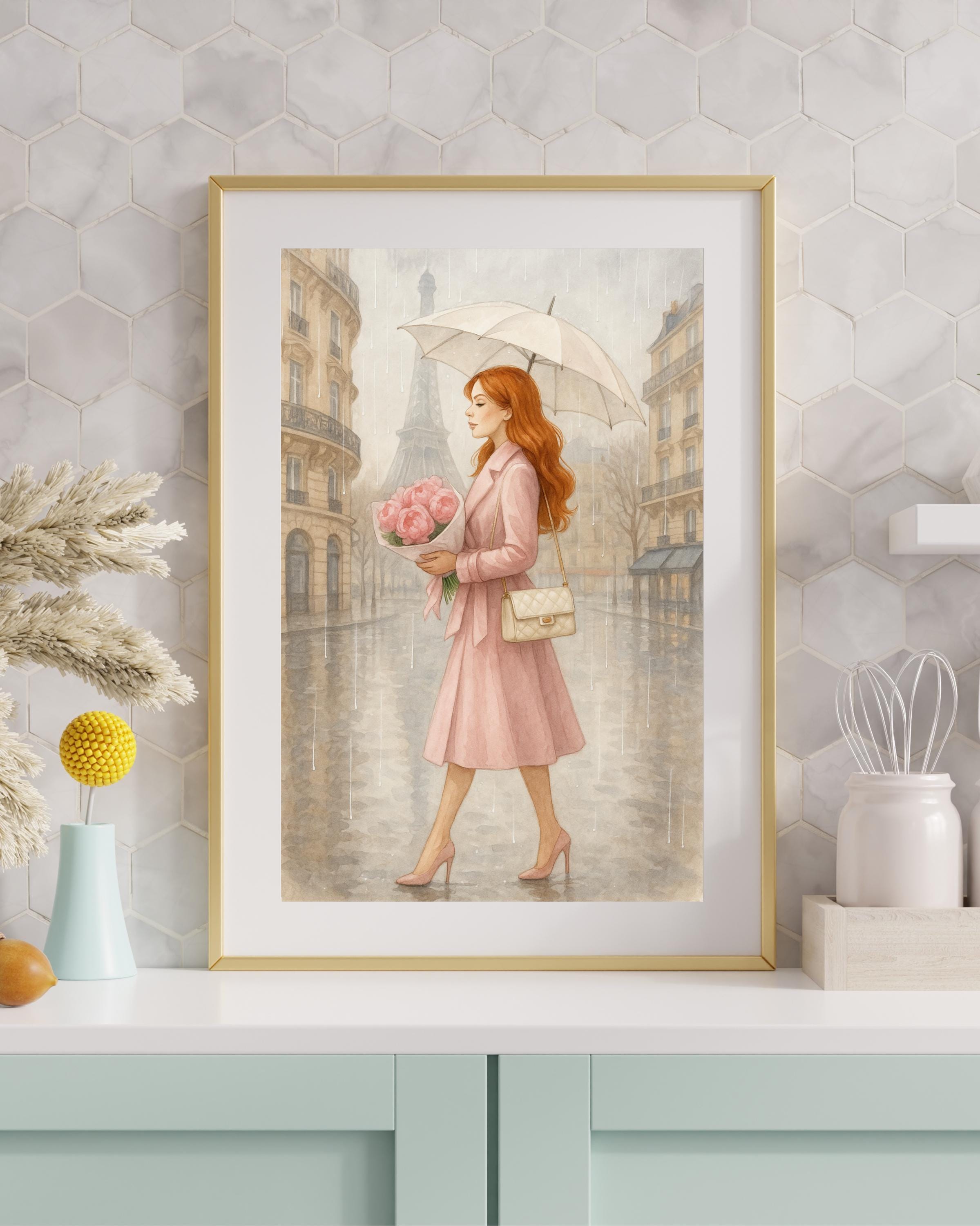 Rainy Day in Paris Wall Art | Redhead Woman with Umbrella | Feminine Paris Fashion Print | Romantic Digital Download