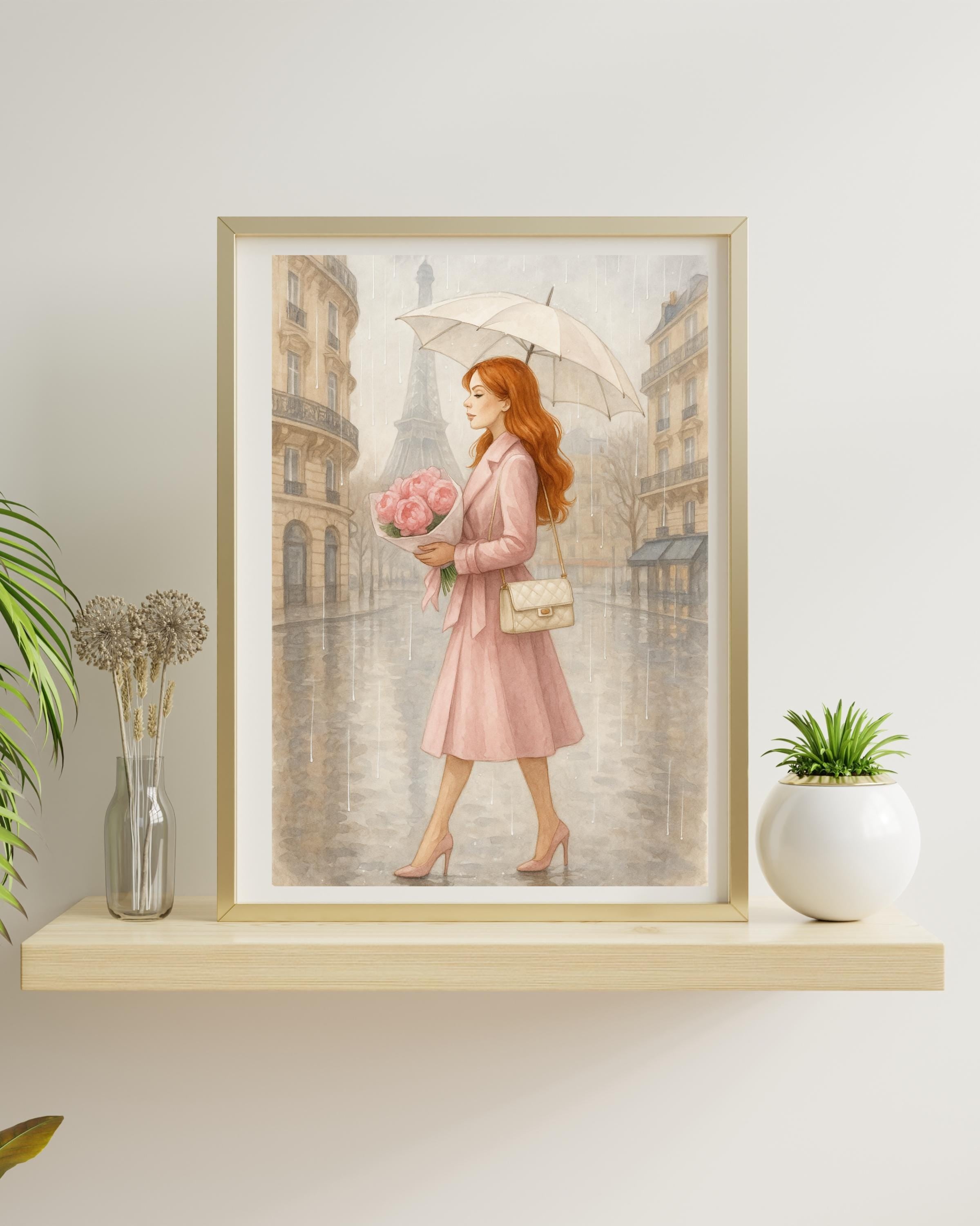 Rainy Day in Paris Wall Art | Redhead Woman with Umbrella | Feminine Paris Fashion Print | Romantic Digital Download