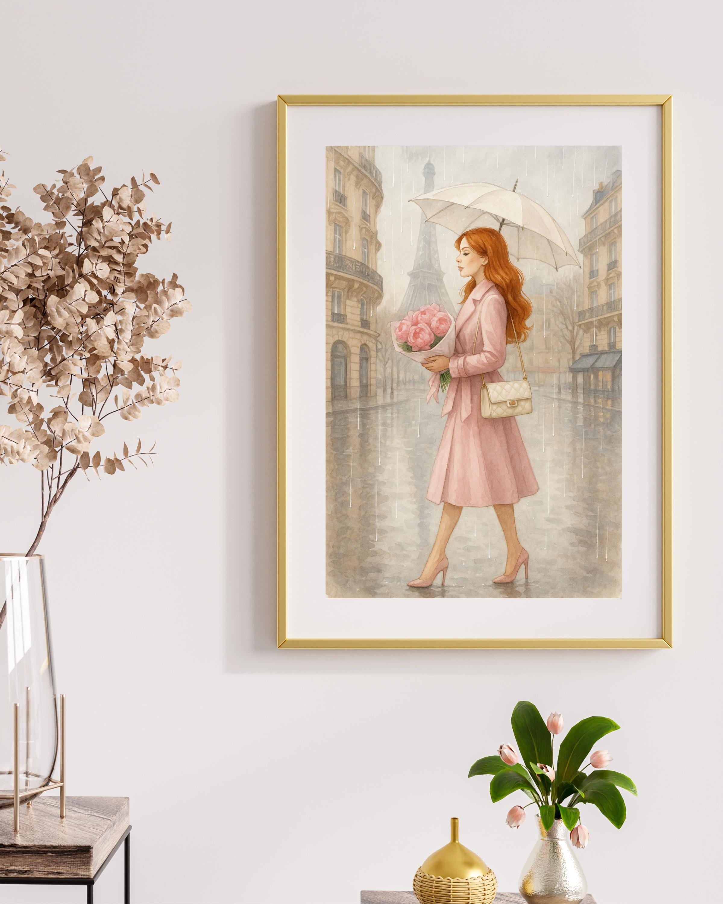 Rainy Day in Paris Wall Art | Redhead Woman with Umbrella | Feminine Paris Fashion Print | Romantic Digital Download