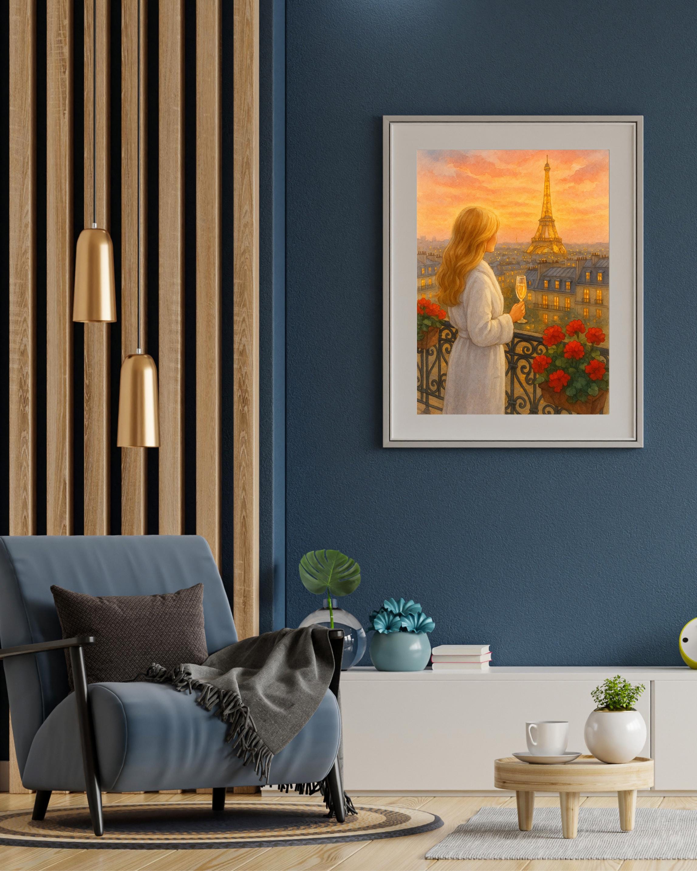 Golden Hour Paris Wall Art | Eiffel Tower Balcony View | Champagne Sunset Printable | Romantic Parisian Decor | Digital Download