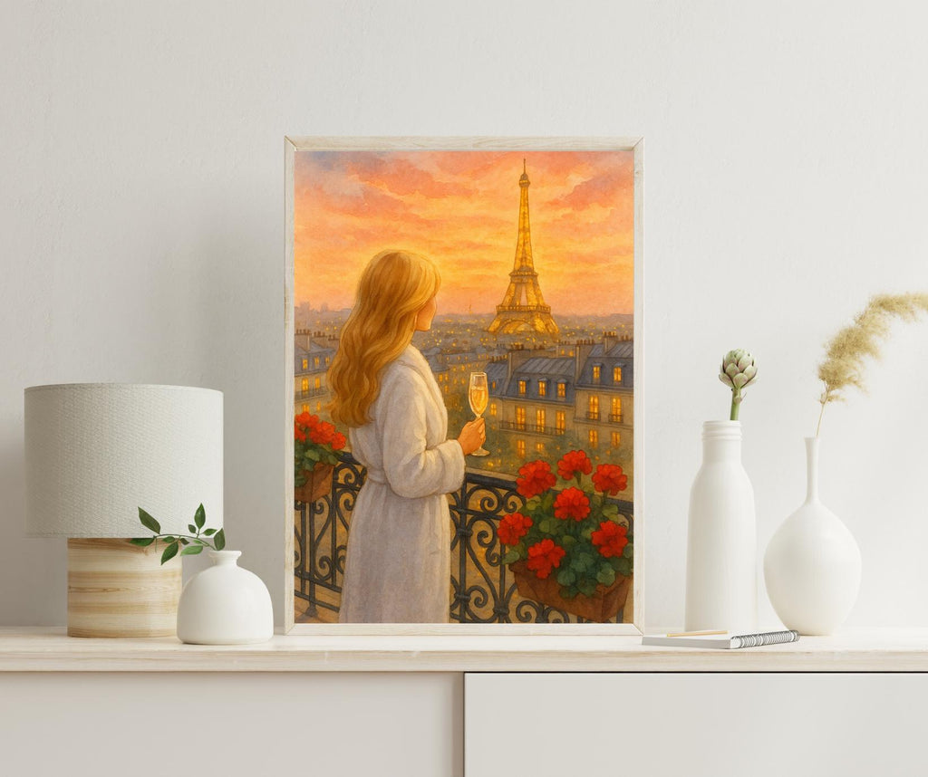Golden Hour Paris Wall Art | Eiffel Tower Balcony View | Champagne Sunset Printable | Romantic Parisian Decor | Digital Download