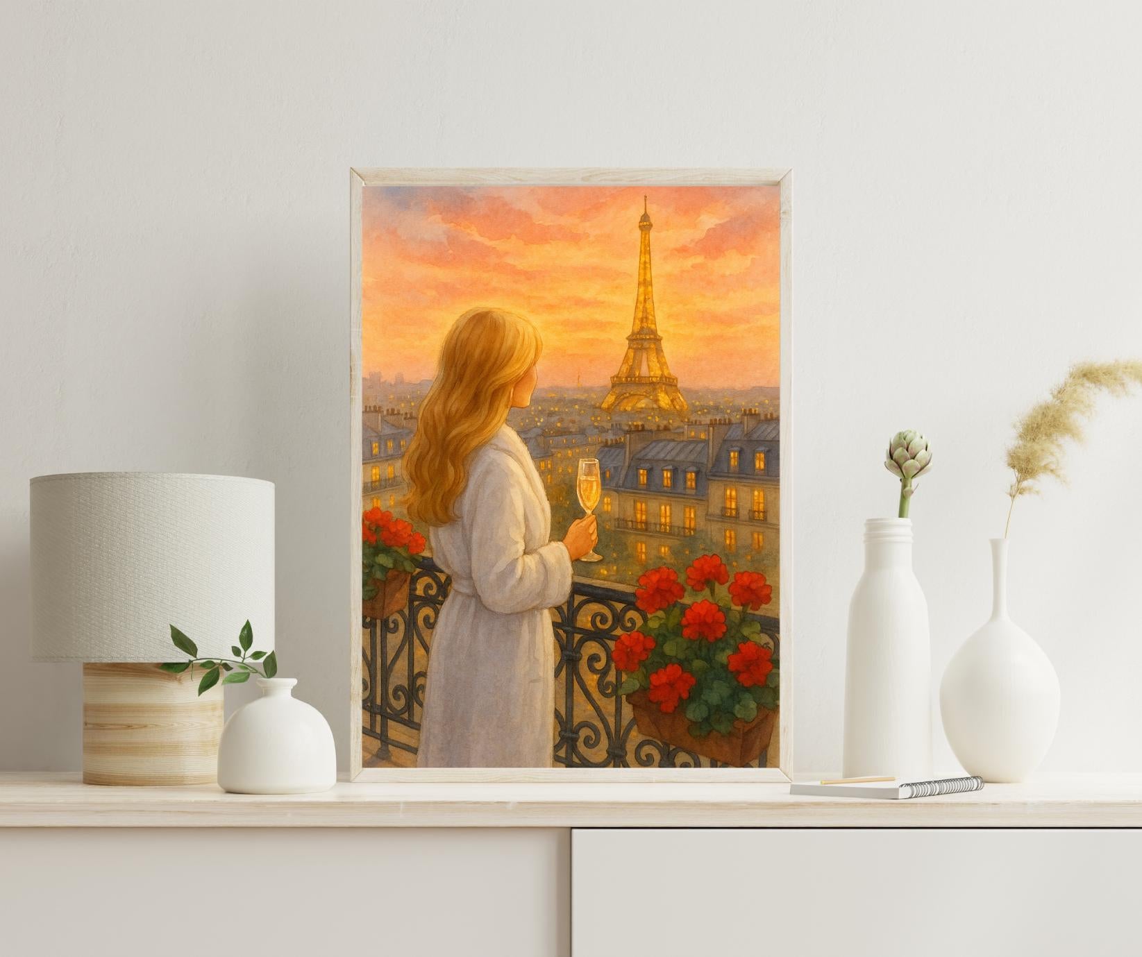 Golden Hour Paris Wall Art | Eiffel Tower Balcony View | Champagne Sunset Printable | Romantic Parisian Decor | Digital Download
