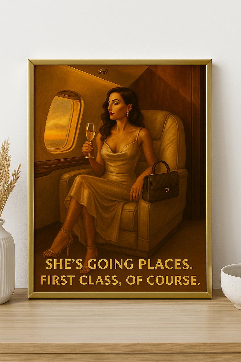Elegant Woman on Private Jet Wall Art – Luxury Fashion Printable, Empowering Female Travel Decor, First Class Digital Art