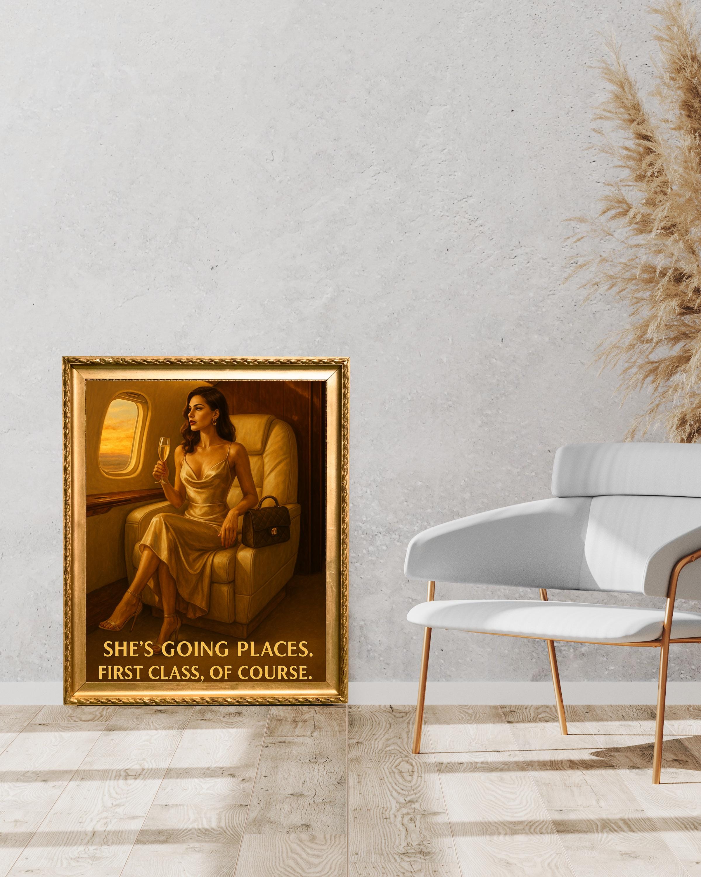 Elegant Woman on Private Jet Wall Art – Luxury Fashion Printable, Empowering Female Travel Decor, First Class Digital Art