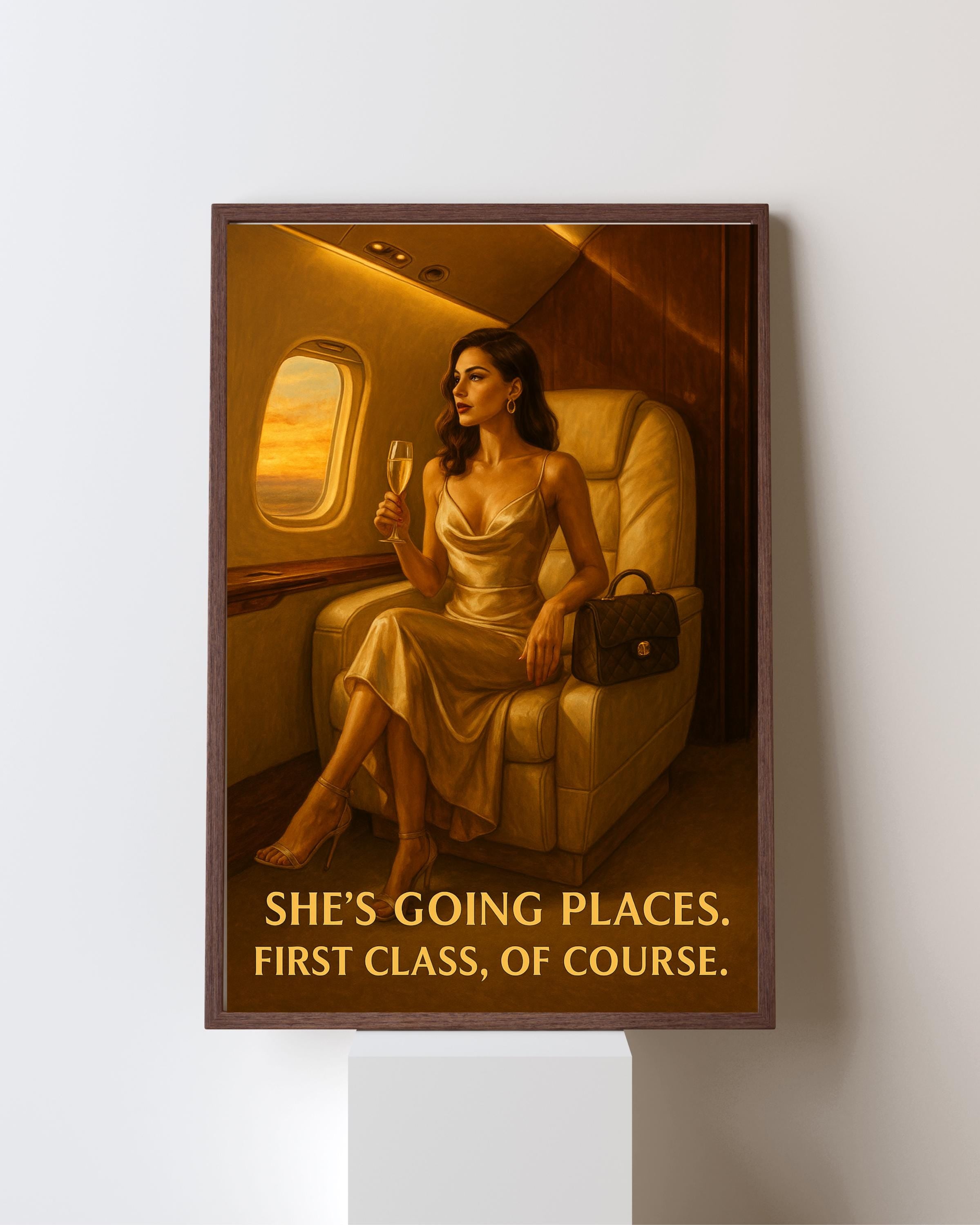 Elegant Woman on Private Jet Wall Art – Luxury Fashion Printable, Empowering Female Travel Decor, First Class Digital Art