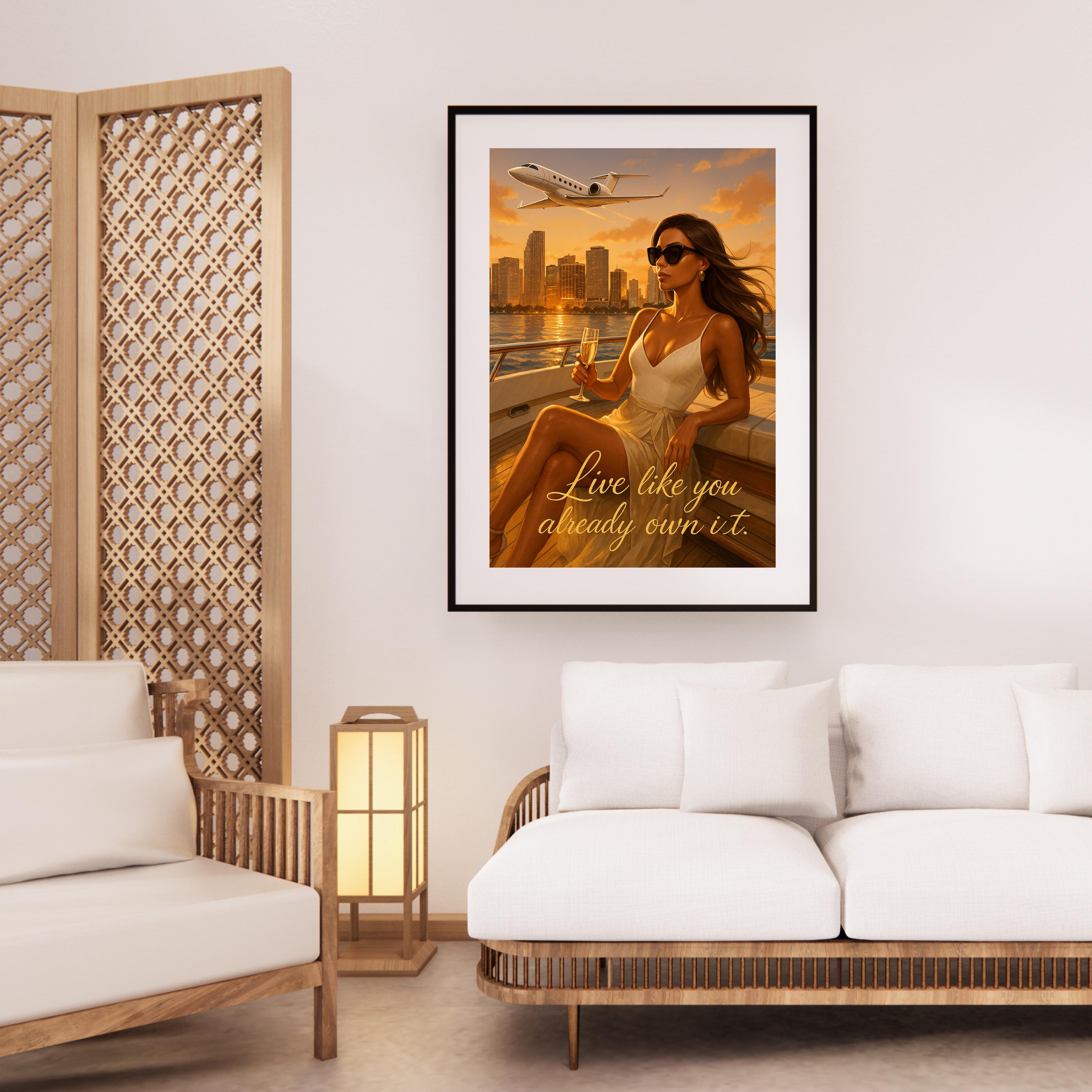 Luxury Yacht Fashion Wall Art – Empowering Digital Print for Women, Miami Glam Decor, “Live Like You Already Own It” Quote Art