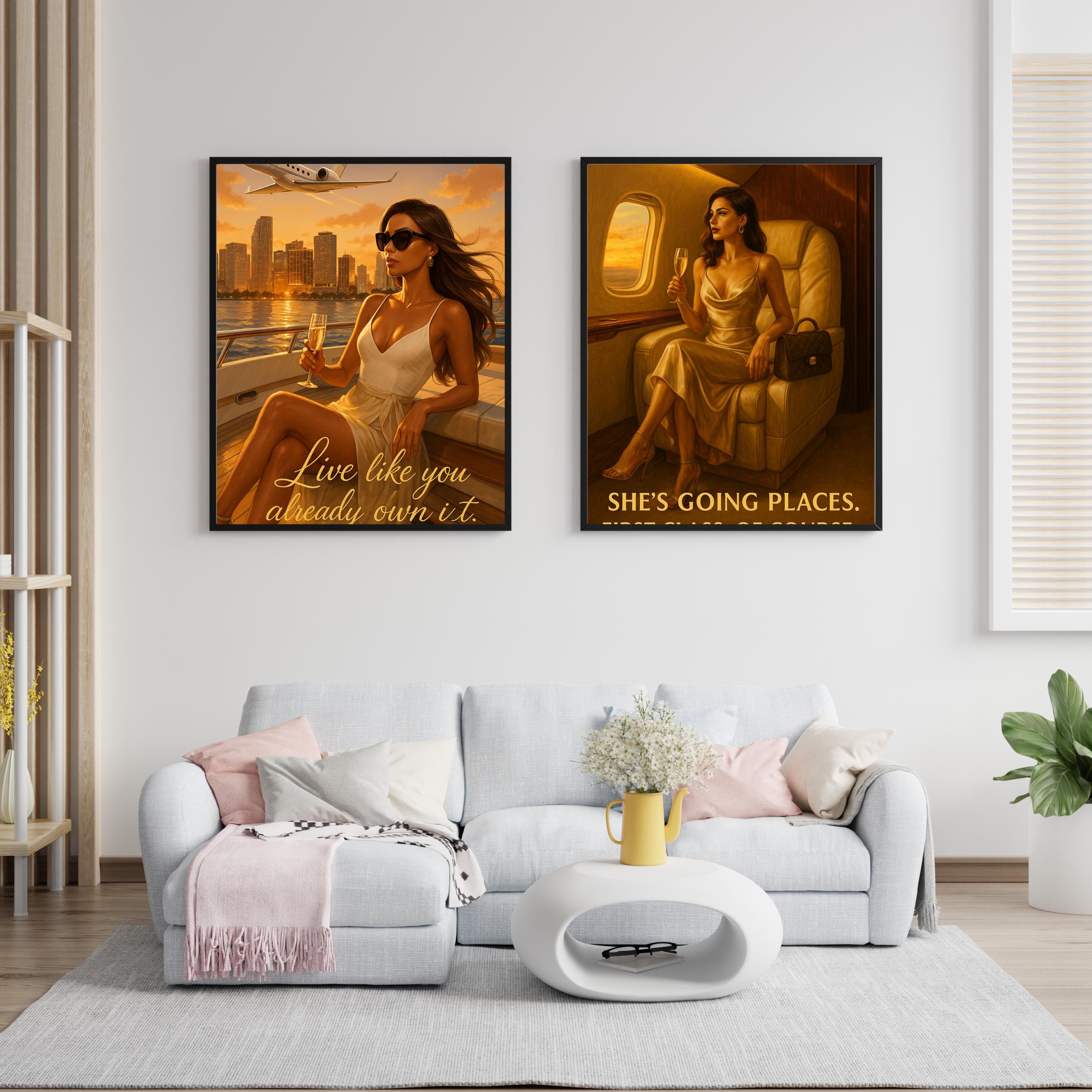 Luxury Yacht Fashion Wall Art – Empowering Digital Print for Women, Miami Glam Decor, “Live Like You Already Own It” Quote Art