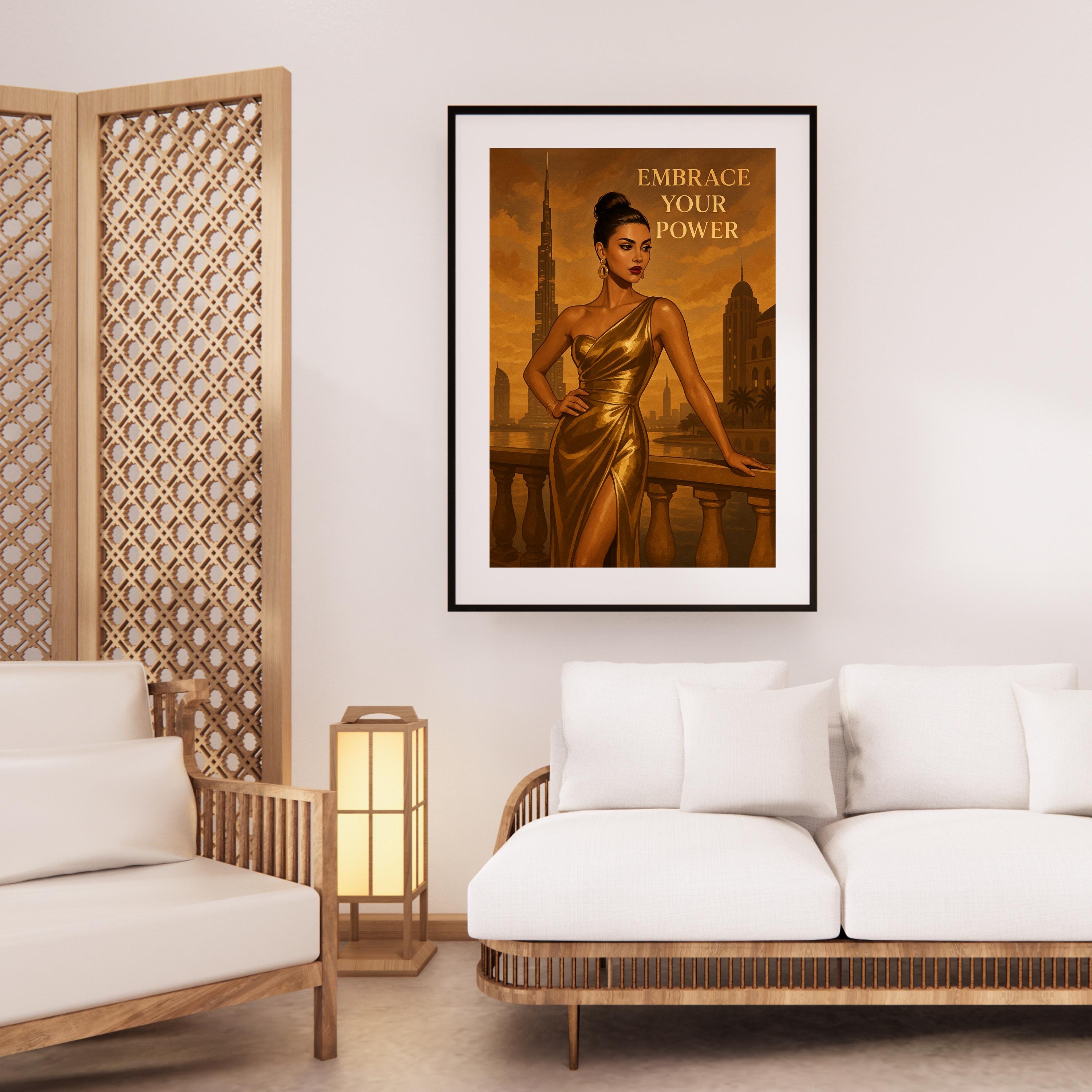 Empowering Gold Fashion Wall Art – Dubai-Inspired Printable, Elegant Woman Digital Download, “Embrace Your Power” Quote