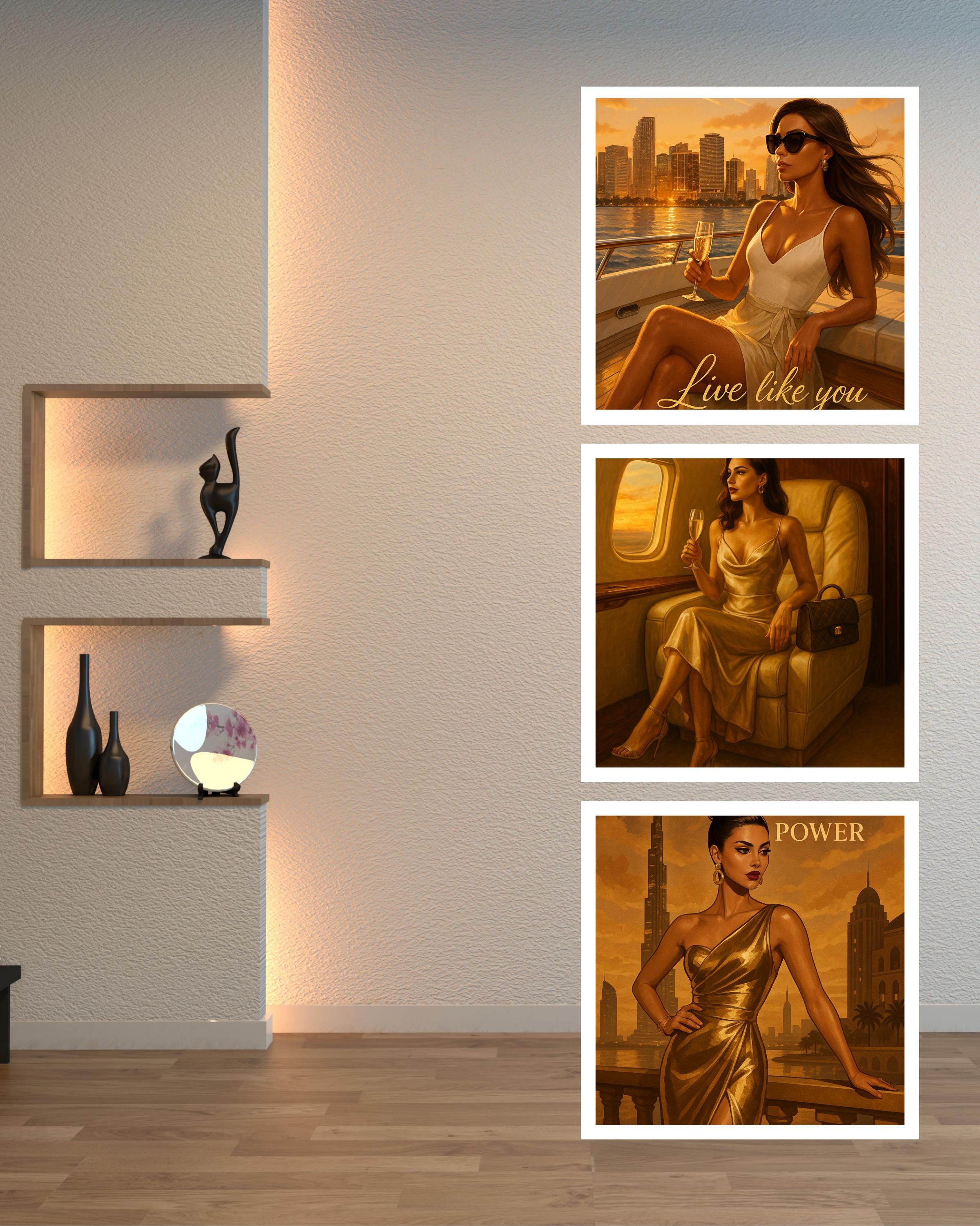 Empowering Gold Fashion Wall Art – Dubai-Inspired Printable, Elegant Woman Digital Download, “Embrace Your Power” Quote