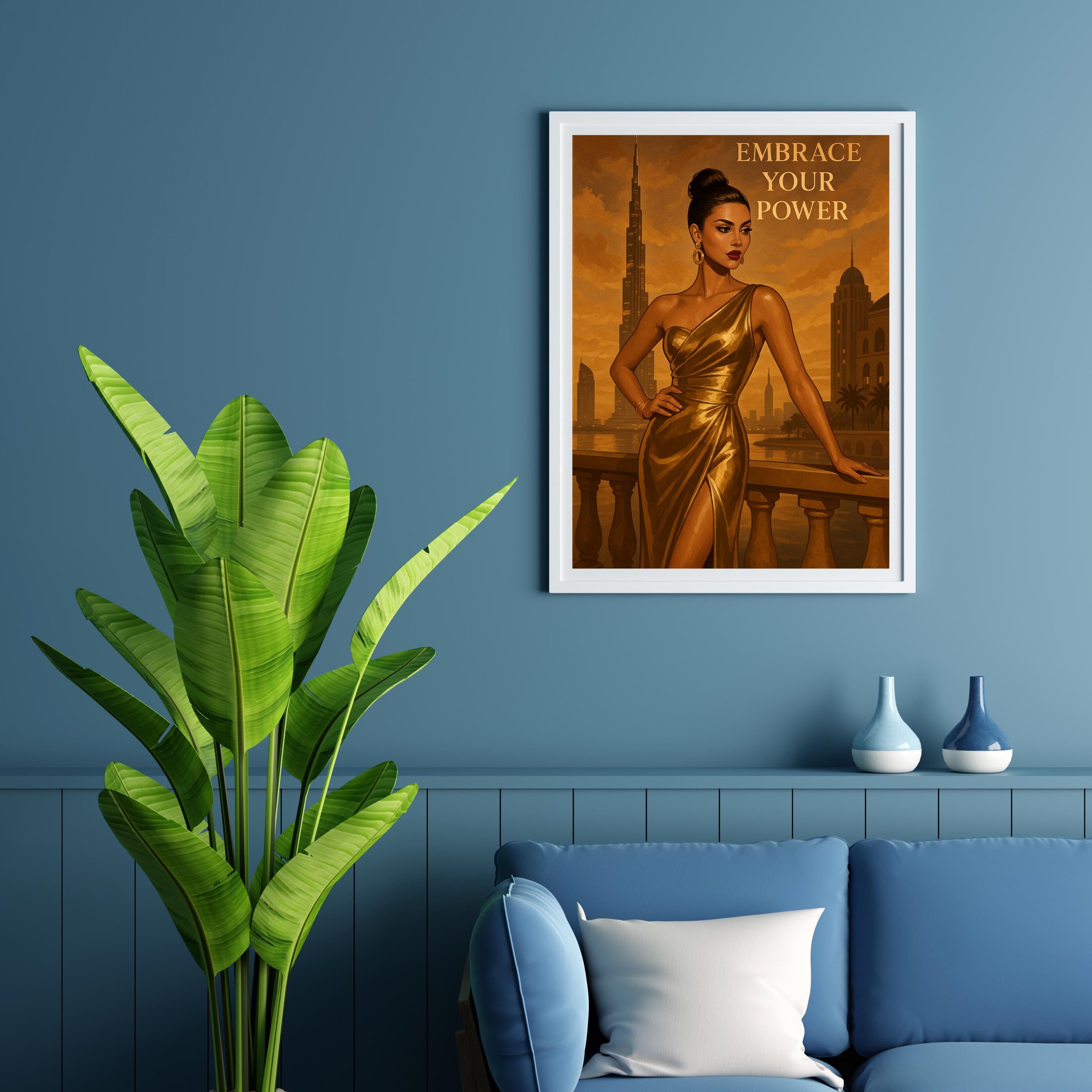 Empowering Gold Fashion Wall Art – Dubai-Inspired Printable, Elegant Woman Digital Download, “Embrace Your Power” Quote