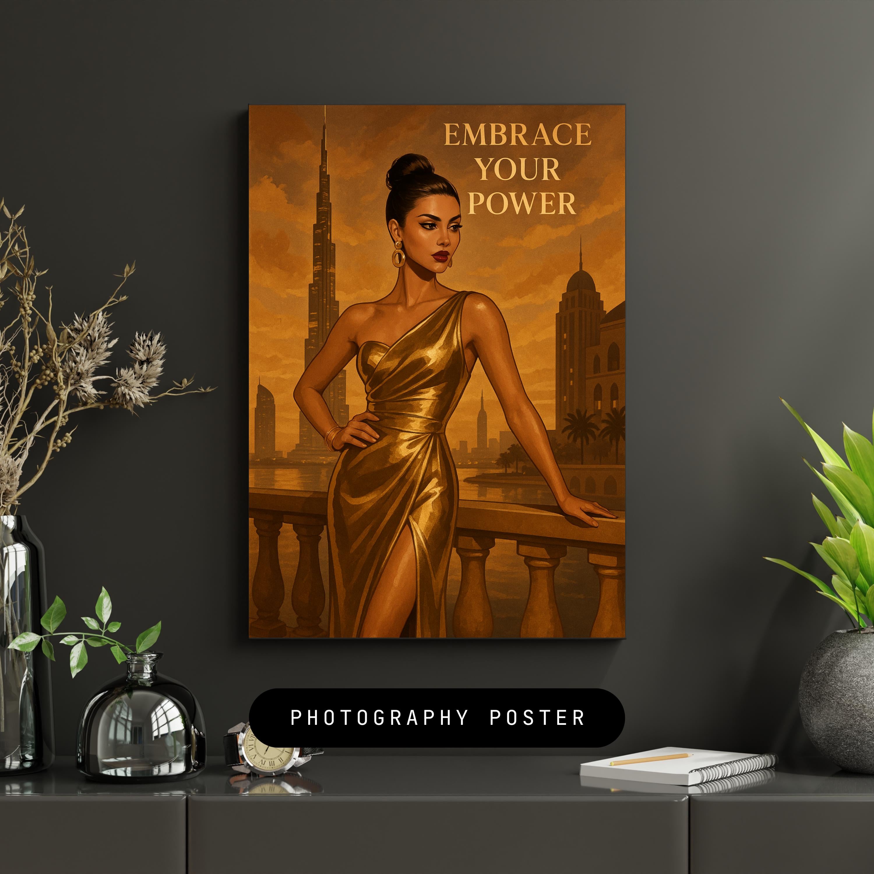 Empowering Gold Fashion Wall Art – Dubai-Inspired Printable, Elegant Woman Digital Download, “Embrace Your Power” Quote