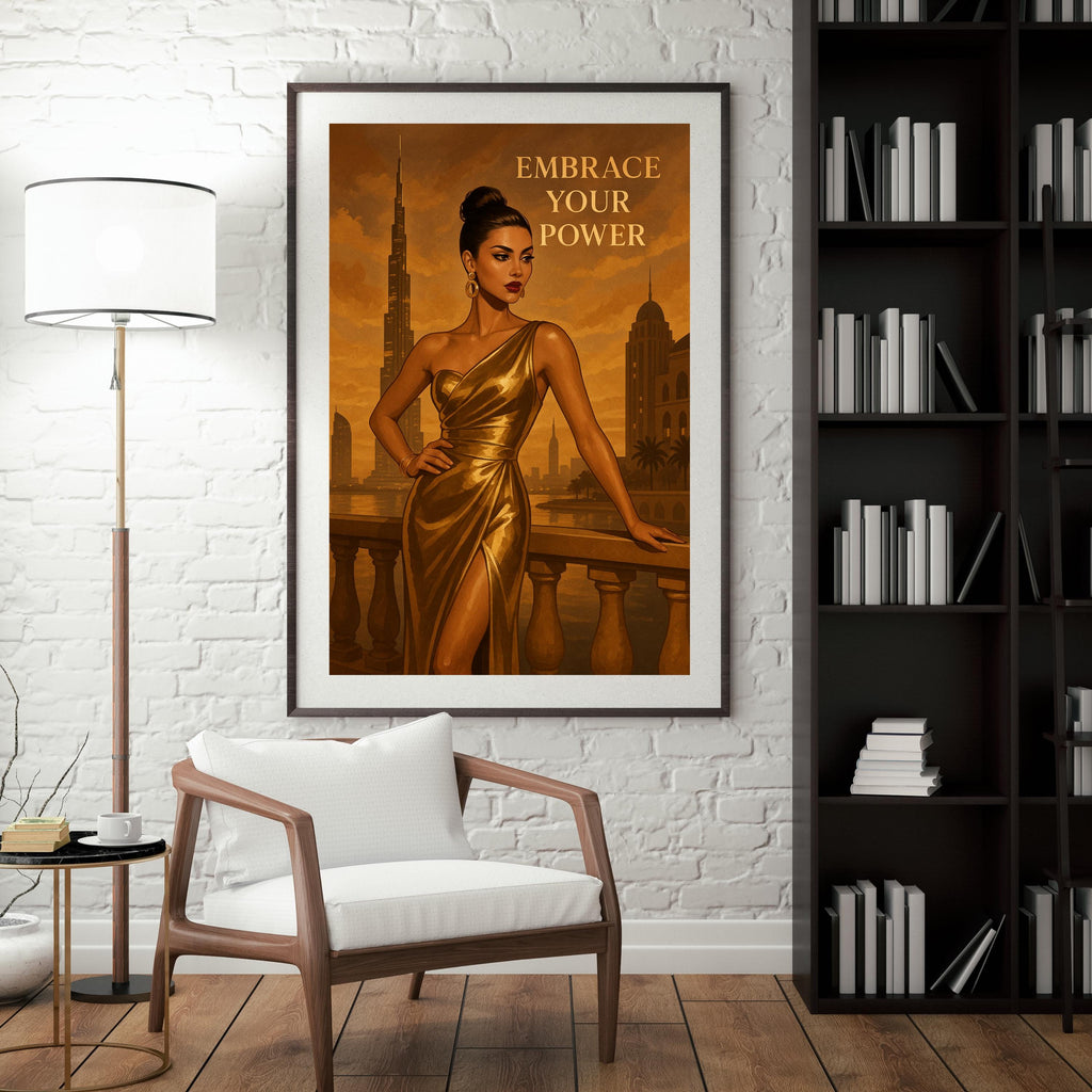 Empowering Gold Fashion Wall Art – Dubai-Inspired Printable, Elegant Woman Digital Download, “Embrace Your Power” Quote