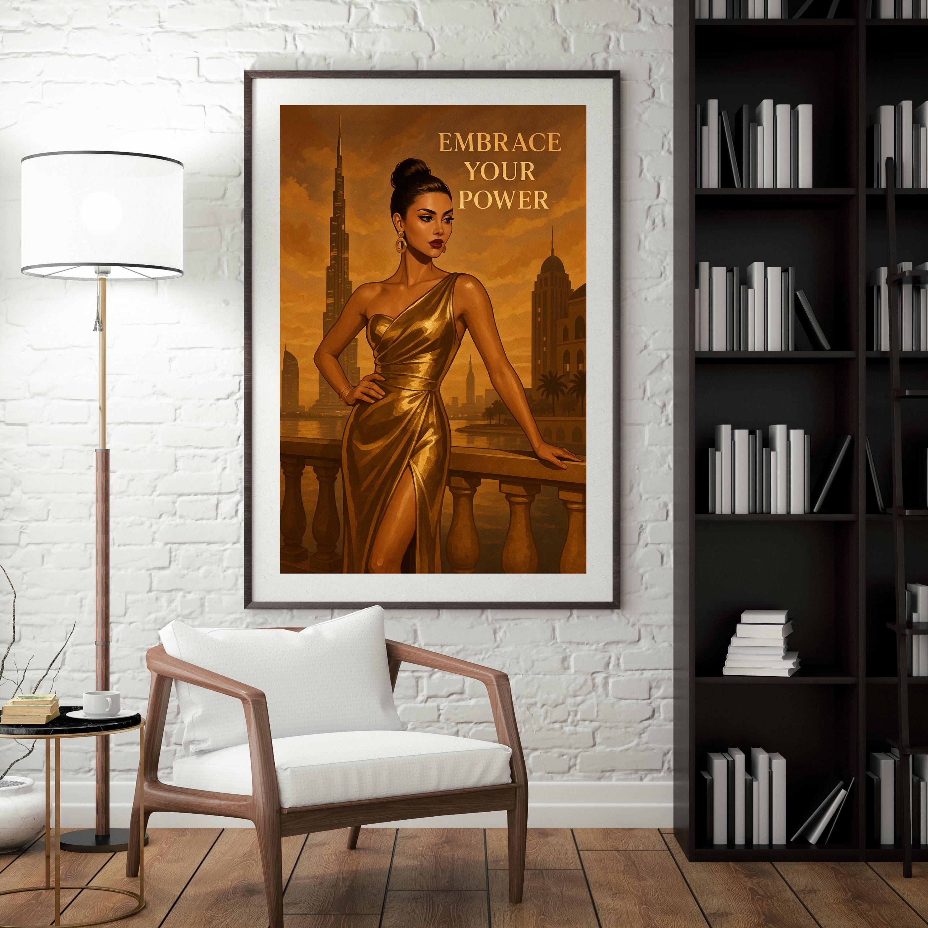 Empowering Gold Fashion Wall Art – Dubai-Inspired Printable, Elegant Woman Digital Download, “Embrace Your Power” Quote