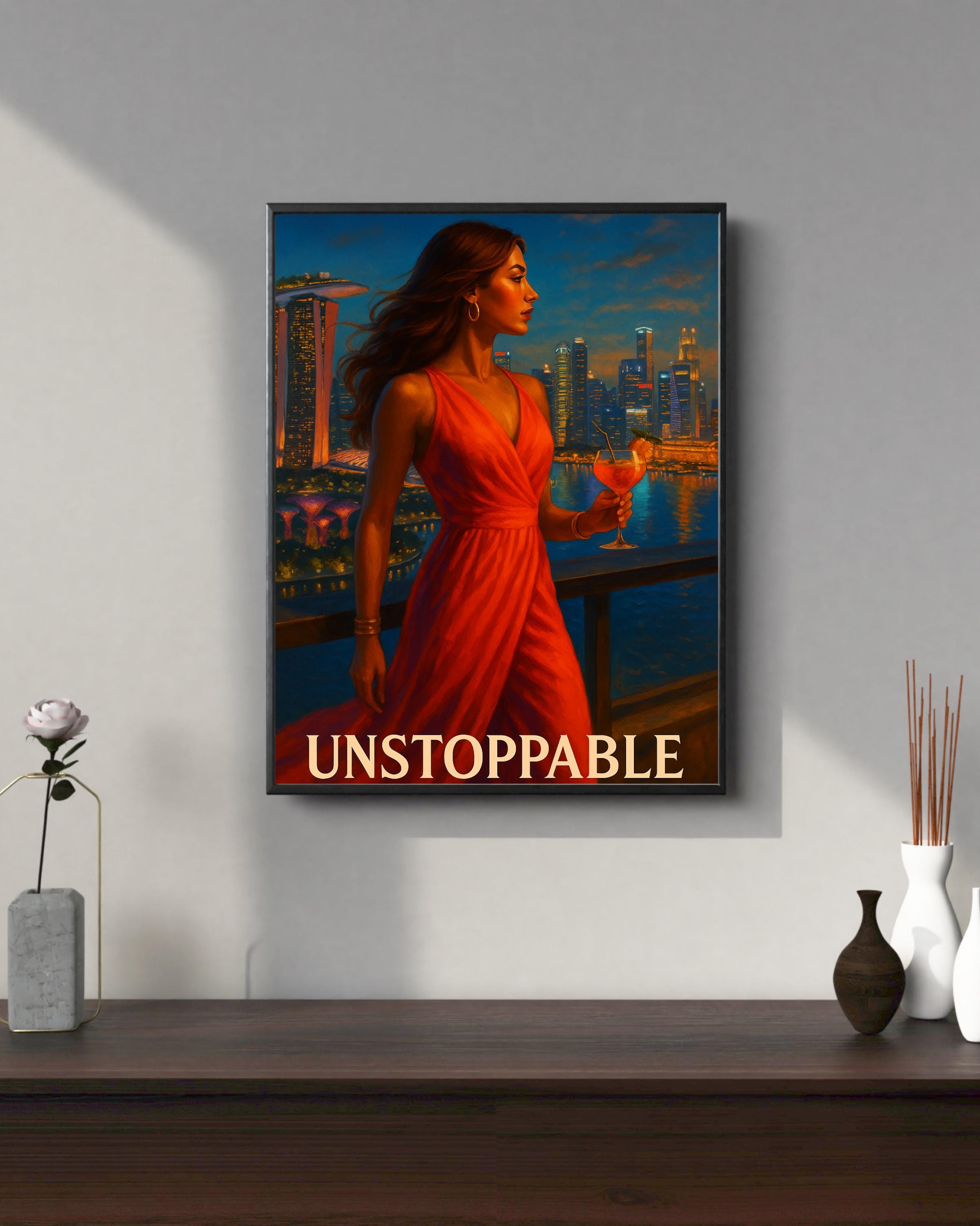 Unstoppable Woman Wall Art – Brazil Rooftop Printable, Red Dress Empowerment Poster, Digital Fashion Illustration for Women