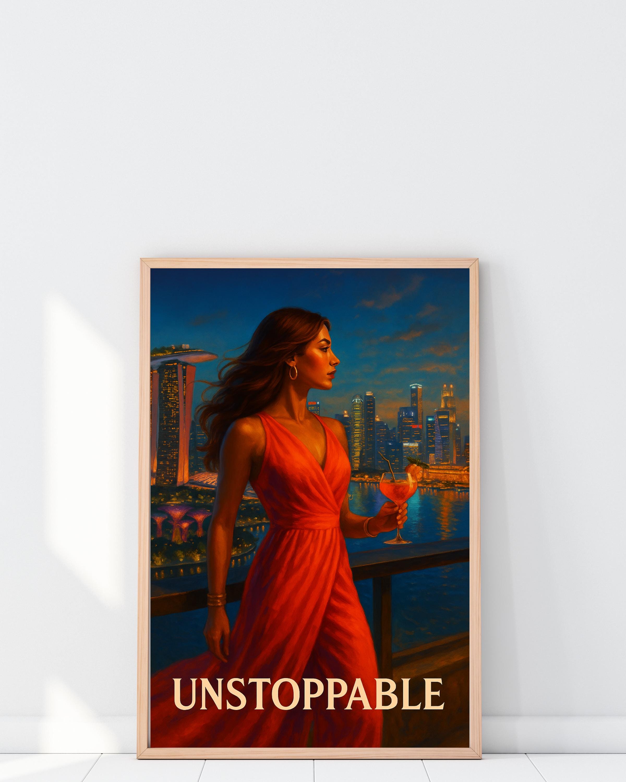 Unstoppable Woman Wall Art – Brazil Rooftop Printable, Red Dress Empowerment Poster, Digital Fashion Illustration for Women