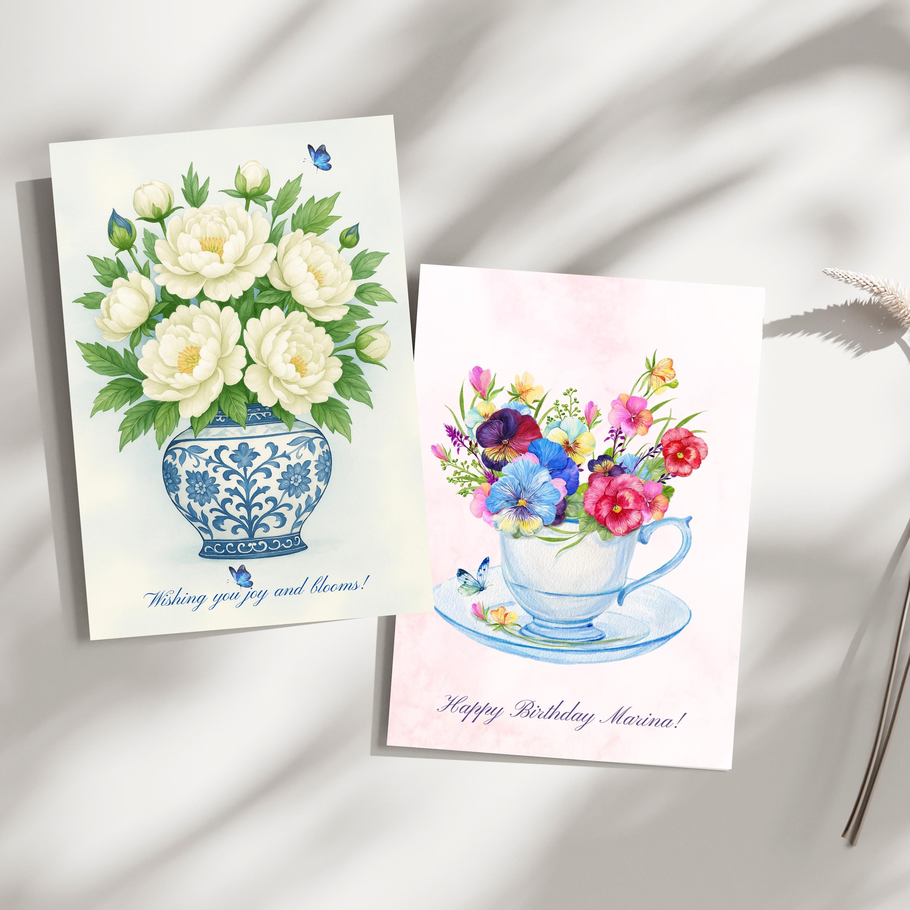 Editable Blue and White Vase Birthday Card | Printable Folded Floral Card with Peonies | Elegant Canva Template Birthday Card