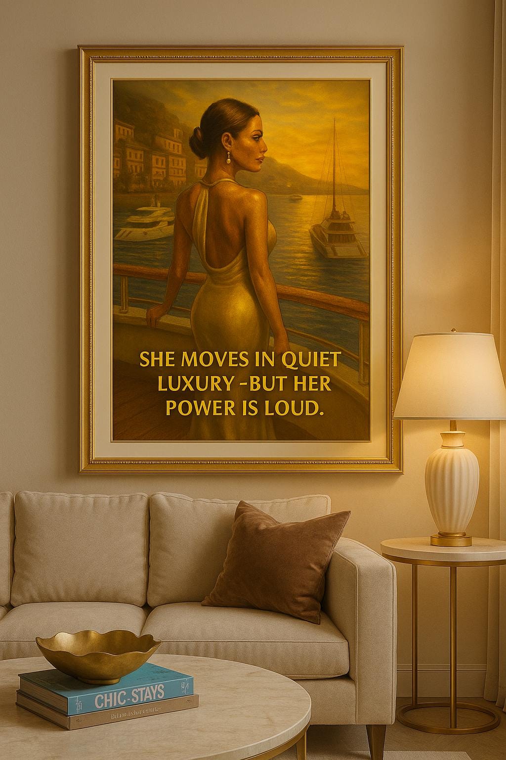 Elegant Woman in Monaco Wall Art – Digital Printable Luxury Poster, Fashionable Sunset Yacht Scene with Empowering Quote