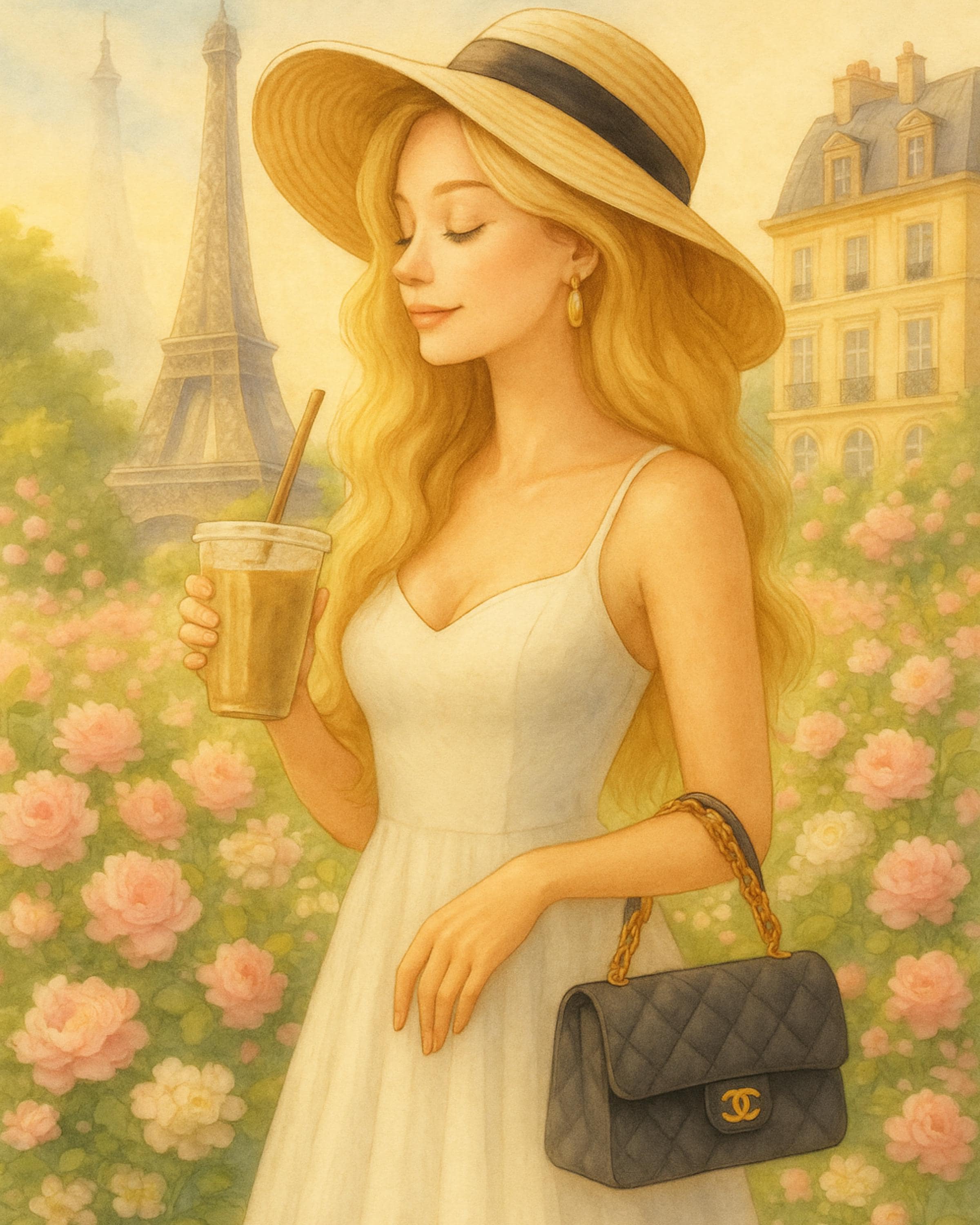 Paris Summer Wall Art – Blonde Woman with Iced Coffee | Eiffel Tower Printable Art | Feminine Parisian Decor – Instant Download