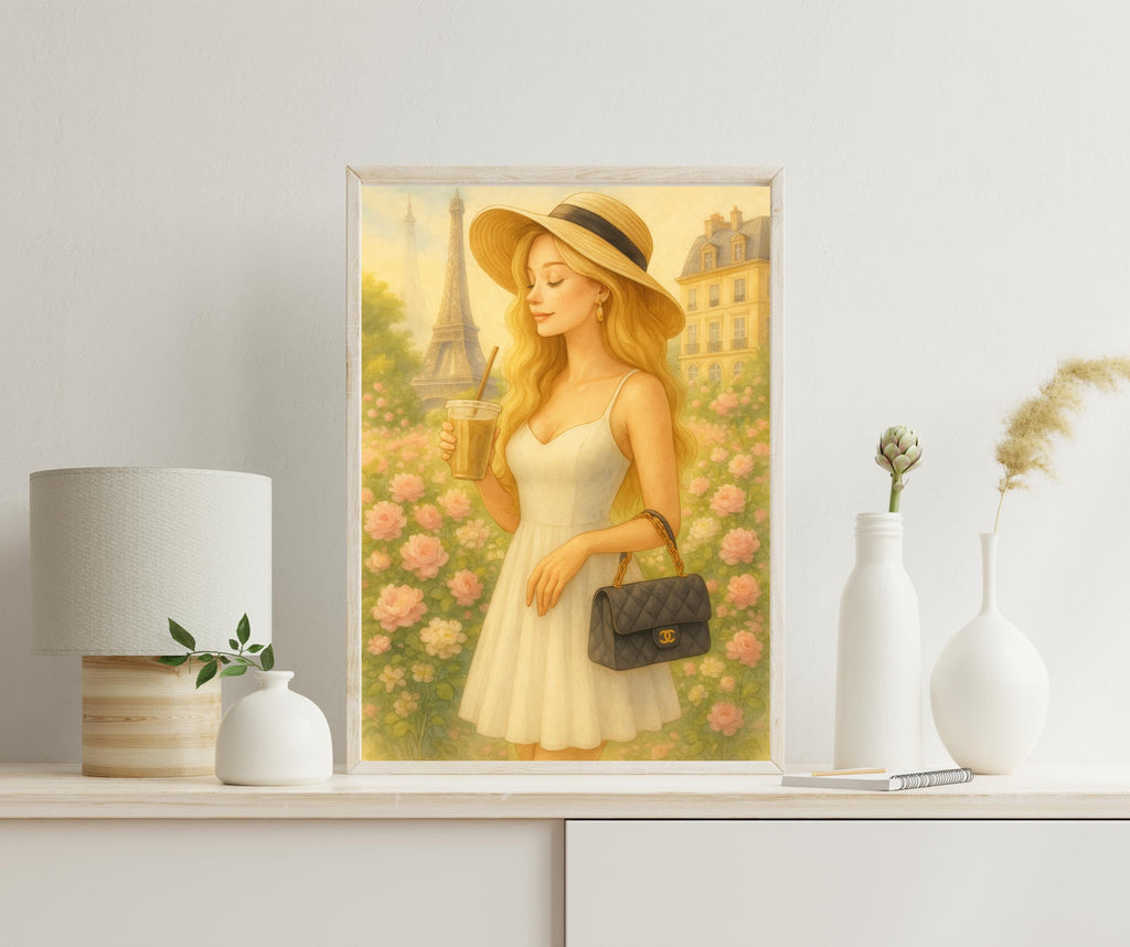 Paris Summer Wall Art – Blonde Woman with Iced Coffee | Eiffel Tower Printable Art | Feminine Parisian Decor – Instant Download