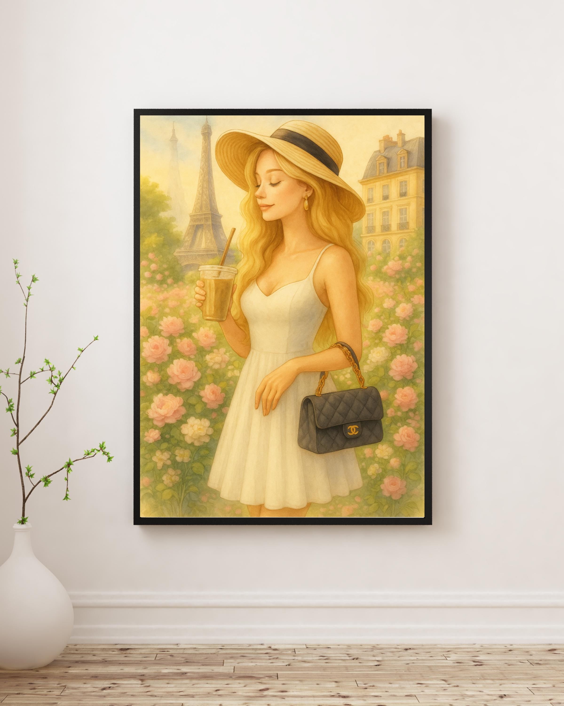 Paris Summer Wall Art – Blonde Woman with Iced Coffee | Eiffel Tower Printable Art | Feminine Parisian Decor – Instant Download