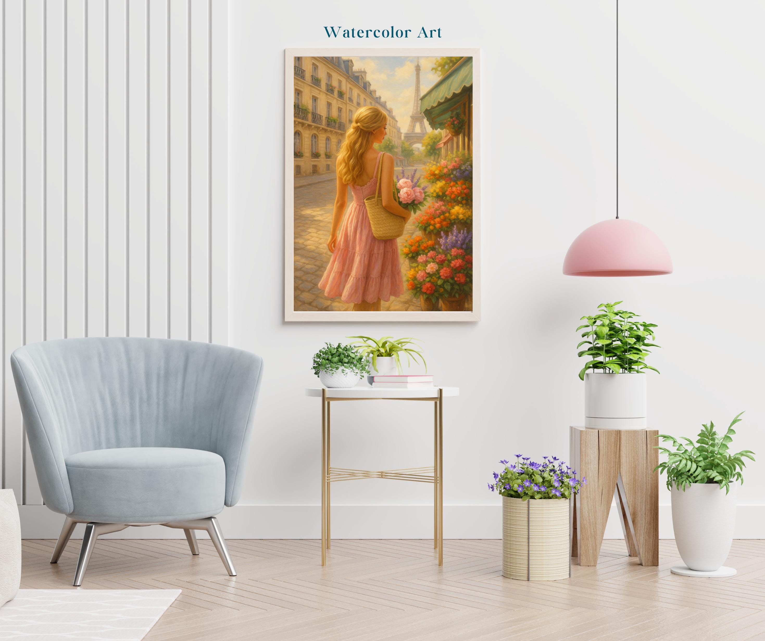 Paris Flower Market Wall Art – Blonde Woman in Pink Dress | Summer Printable Decor | Eiffel Tower Digital Download