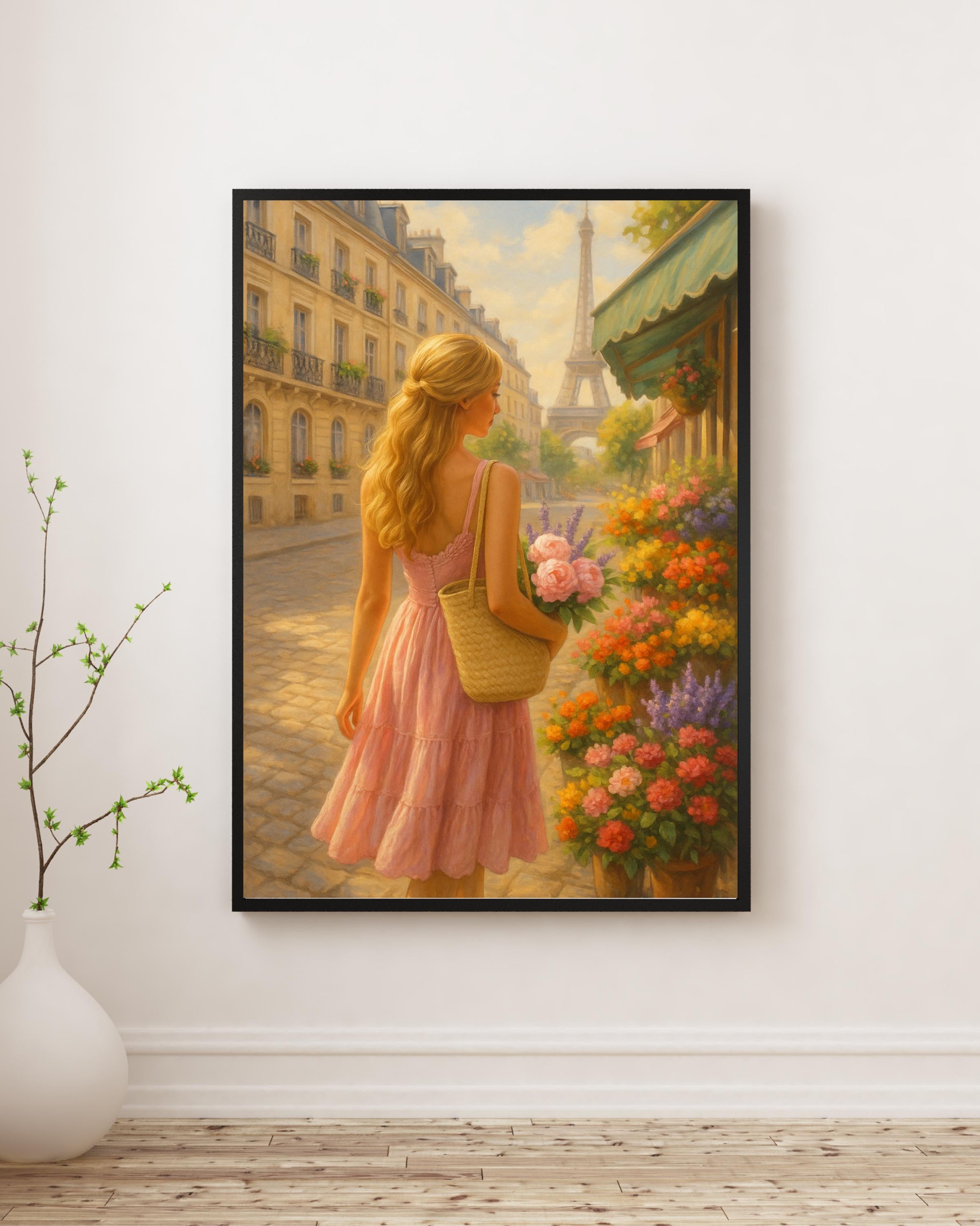 Paris Flower Market Wall Art – Blonde Woman in Pink Dress | Summer Printable Decor | Eiffel Tower Digital Download