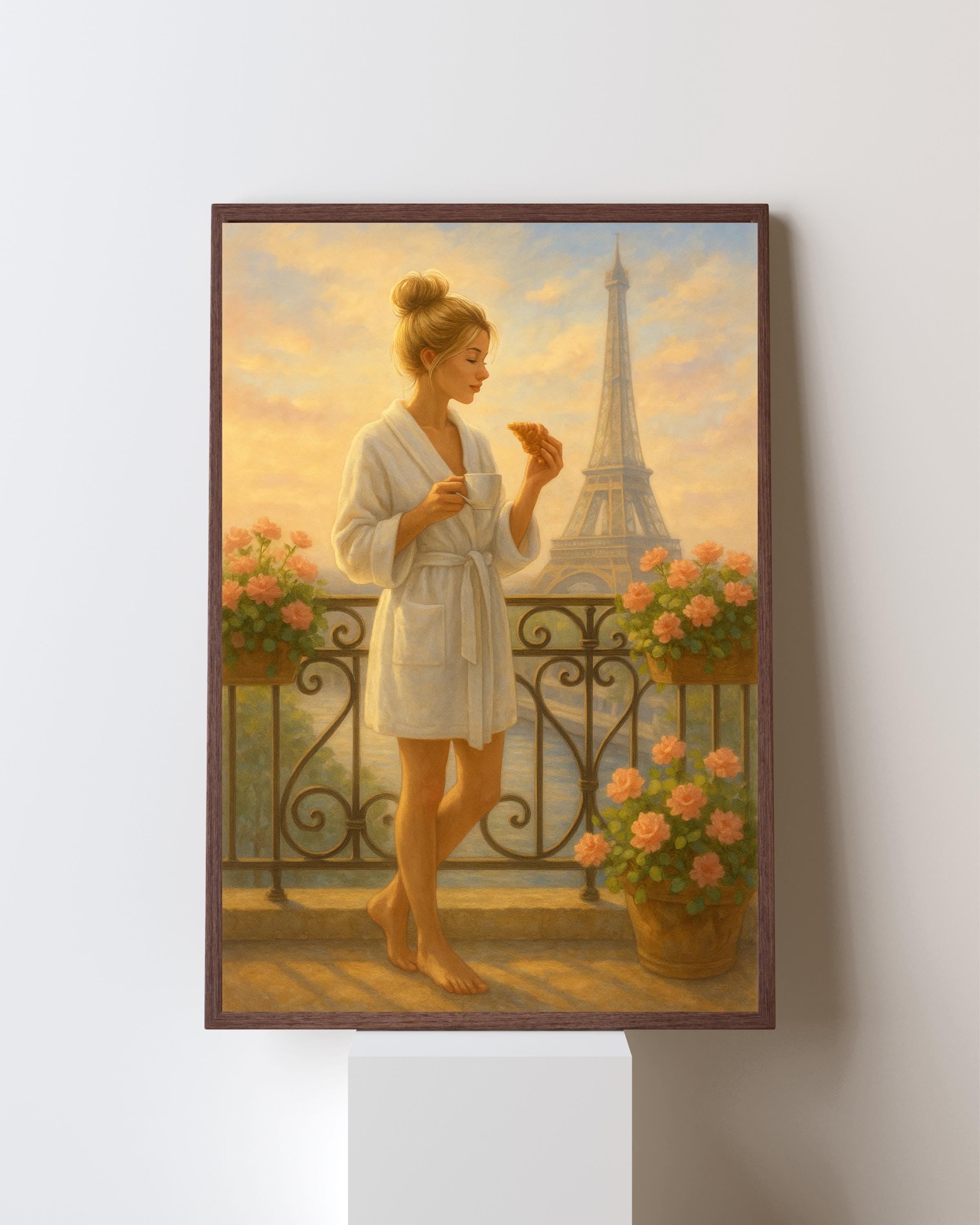 Paris Balcony Wall Art – Blonde Woman in Robe with Coffee & Croissant | Eiffel Tower Printable | Feminine Morning Decor