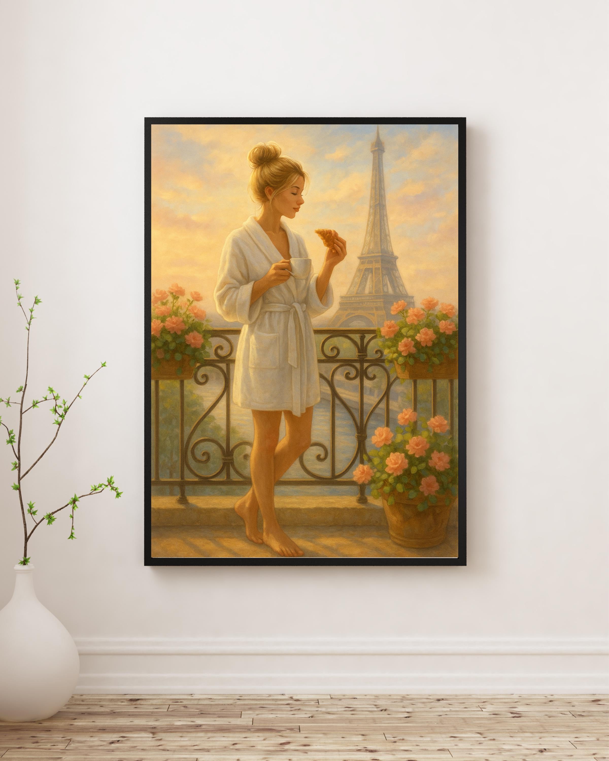 Paris Balcony Wall Art – Blonde Woman in Robe with Coffee & Croissant | Eiffel Tower Printable | Feminine Morning Decor