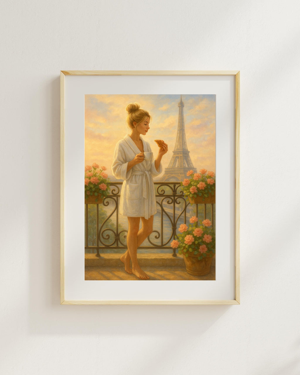 Paris Balcony Wall Art – Blonde Woman in Robe with Coffee & Croissant | Eiffel Tower Printable | Feminine Morning Decor