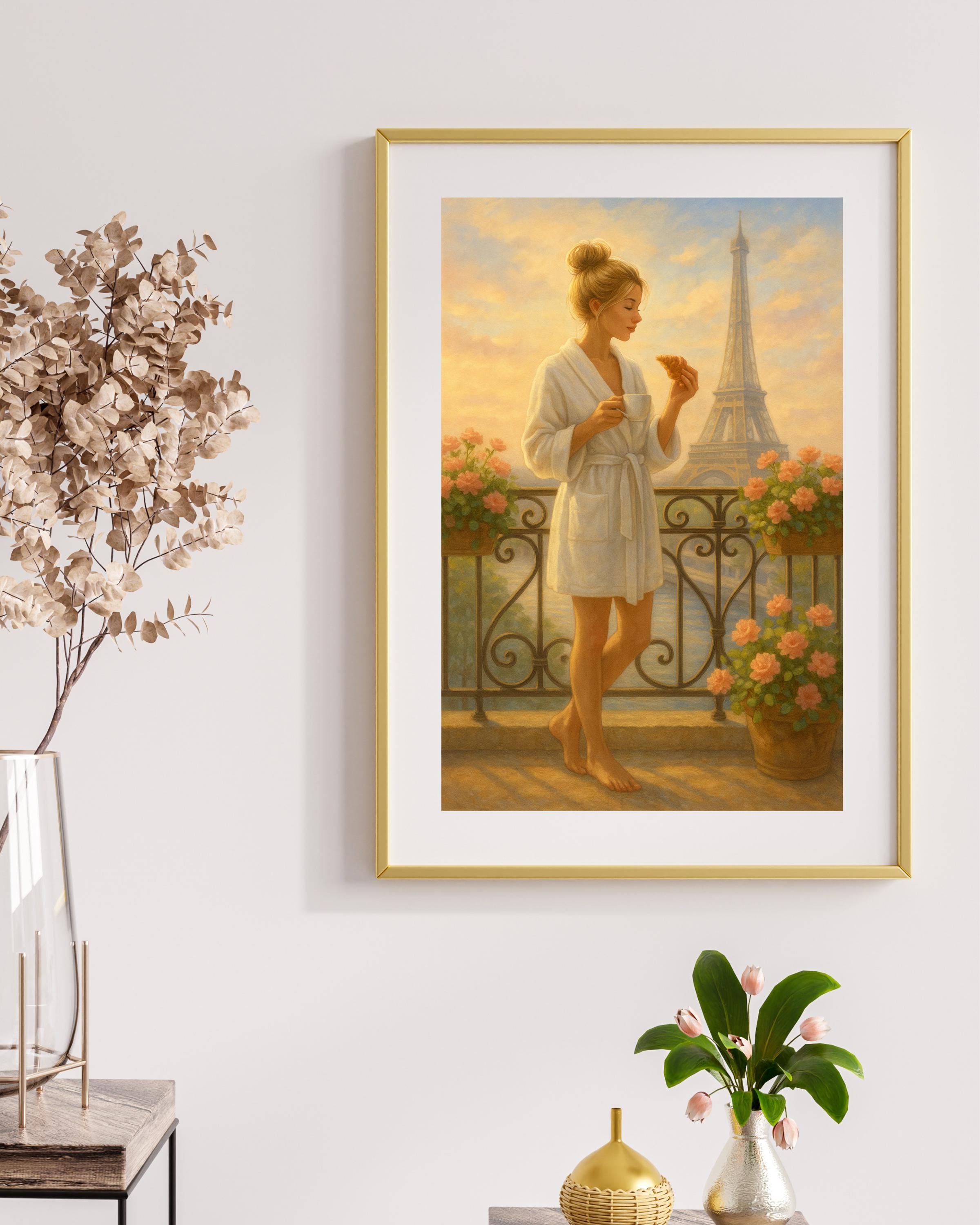 Paris Balcony Wall Art – Blonde Woman in Robe with Coffee & Croissant | Eiffel Tower Printable | Feminine Morning Decor