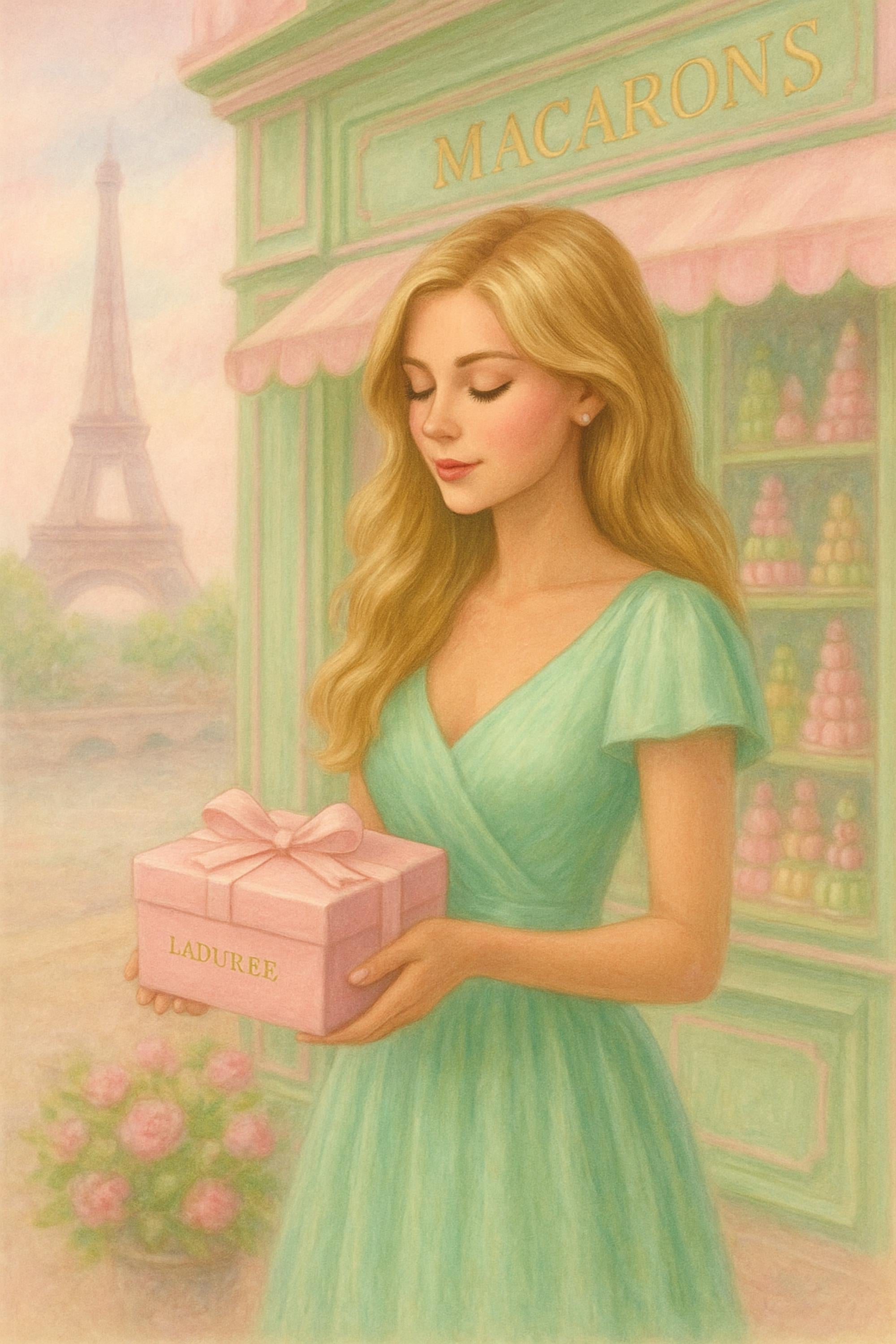 Paris Fashion Wall Art – Blonde Woman with Gift Box | Eiffel Tower Printable | Feminine Paris Decor – Instant Download