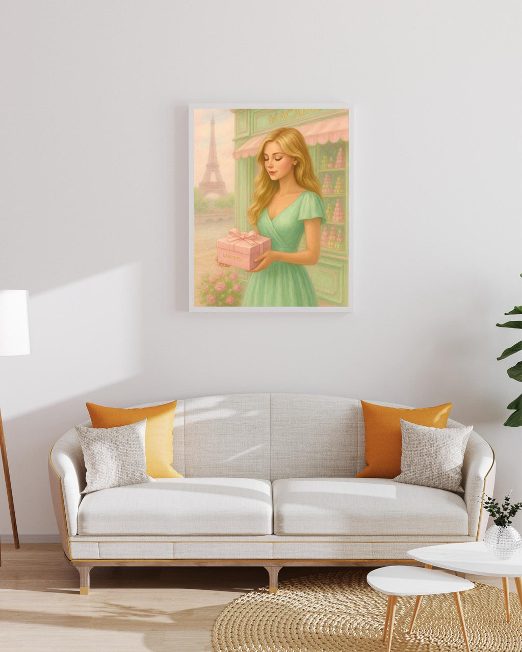 Paris Fashion Wall Art – Blonde Woman with Gift Box | Eiffel Tower Printable | Feminine Paris Decor – Instant Download
