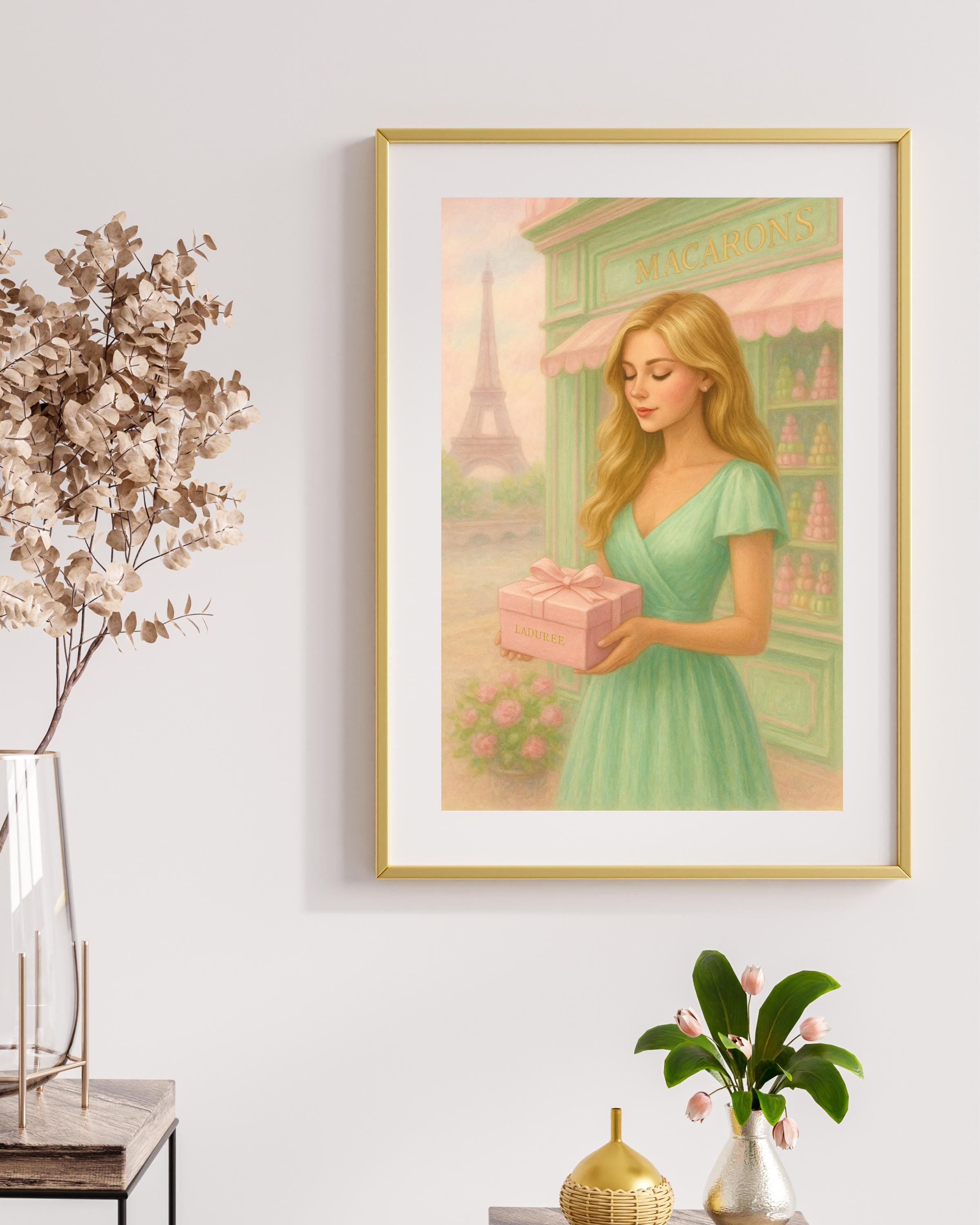 Paris Fashion Wall Art – Blonde Woman with Gift Box | Eiffel Tower Printable | Feminine Paris Decor – Instant Download