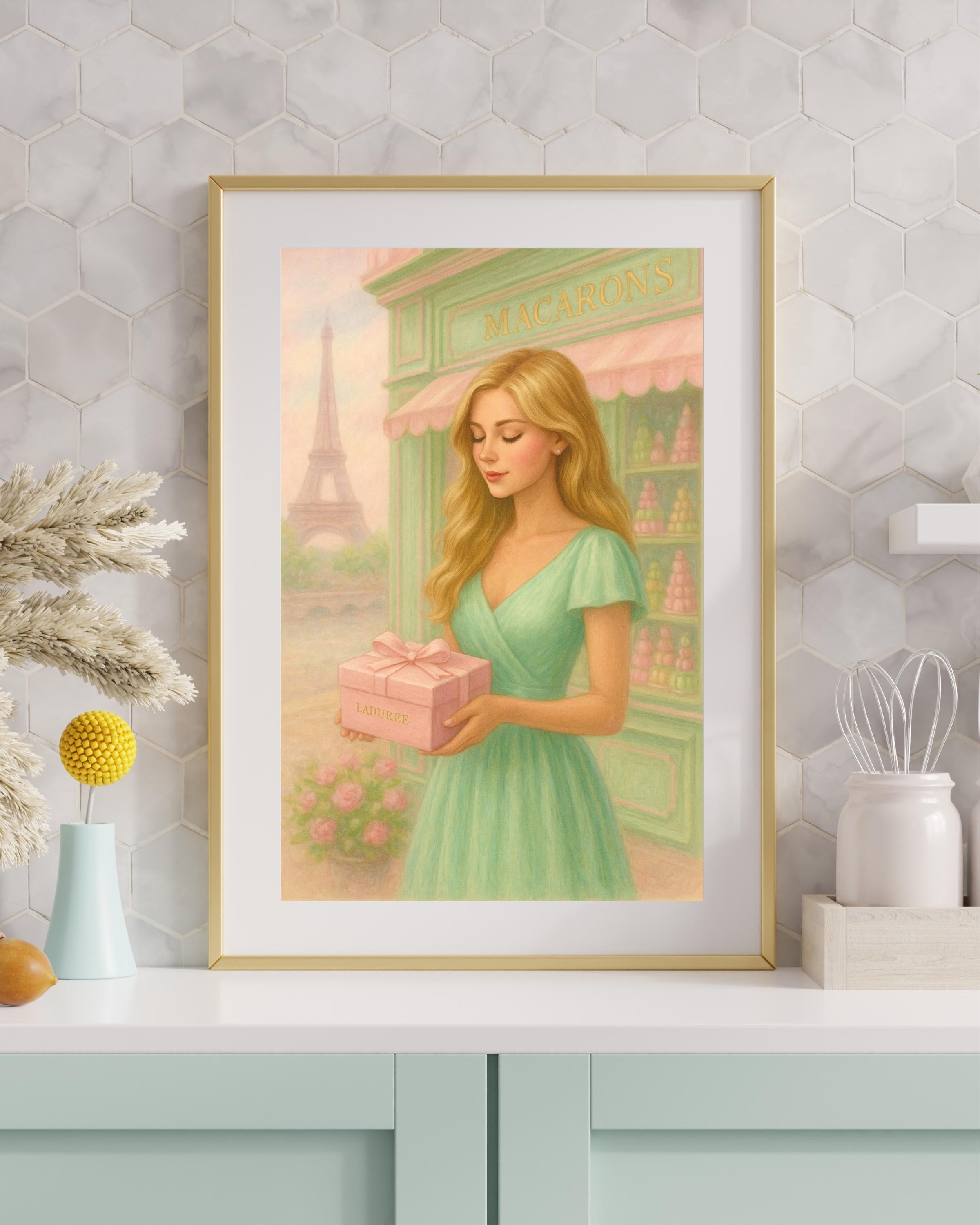 Paris Fashion Wall Art – Blonde Woman with Gift Box | Eiffel Tower Printable | Feminine Paris Decor – Instant Download