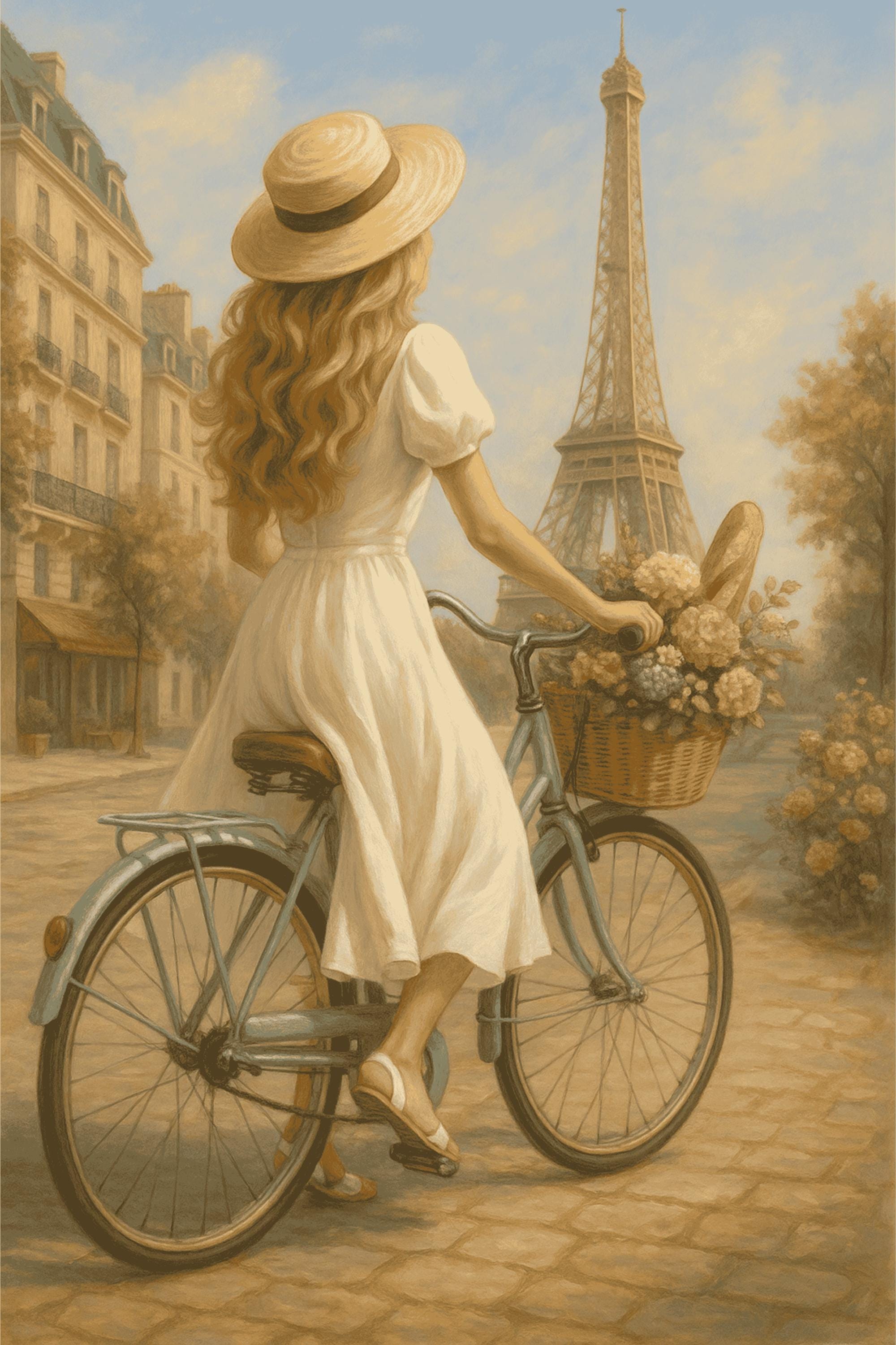 Paris Bicycle Wall Art – Blonde Woman in White Dress | Eiffel Tower Printable | Romantic Summer Decor – Instant Download