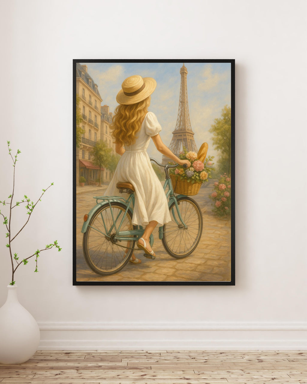Paris Bicycle Wall Art – Blonde Woman in White Dress | Eiffel Tower Printable | Romantic Summer Decor – Instant Download