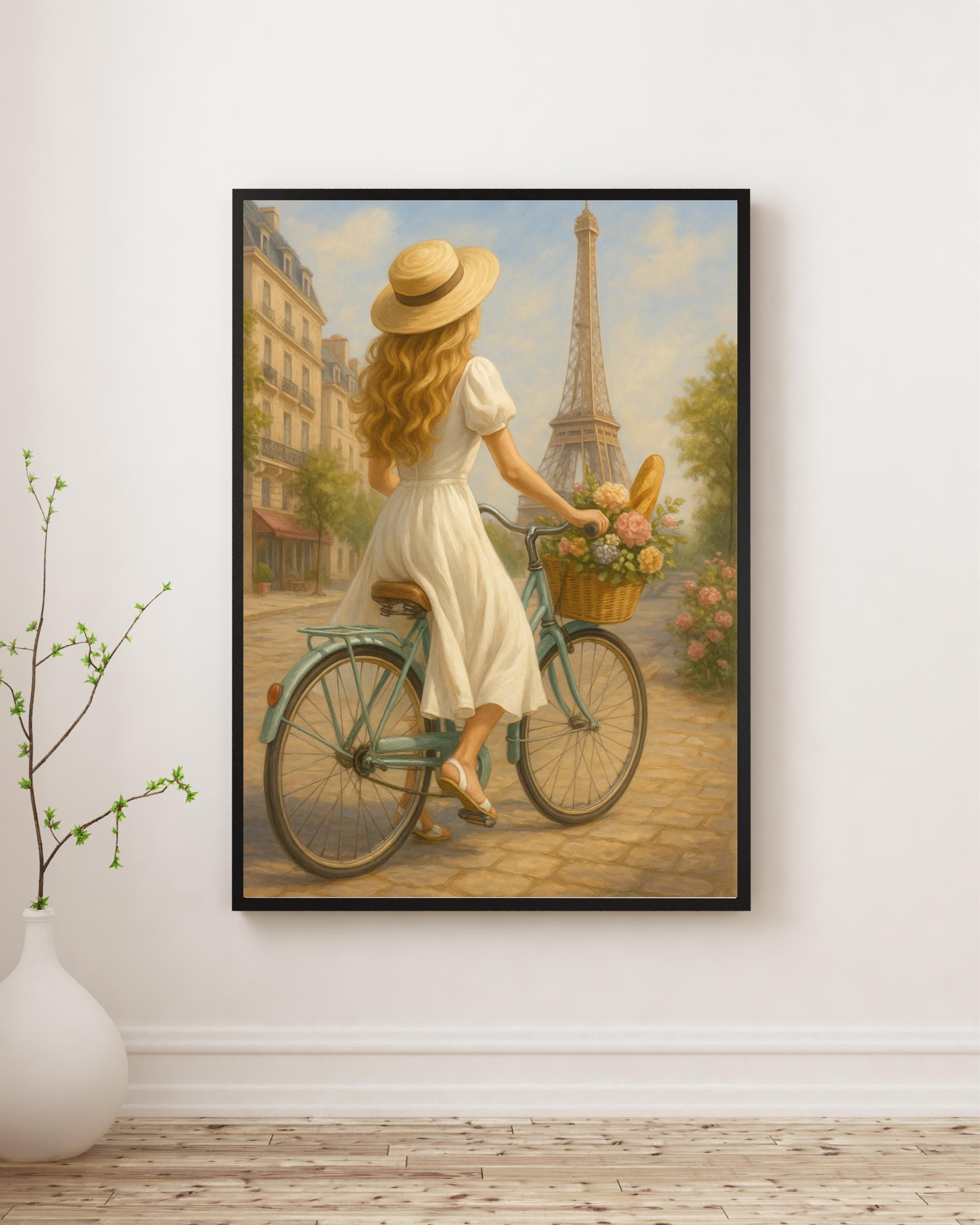 Paris Bicycle Wall Art – Blonde Woman in White Dress | Eiffel Tower Printable | Romantic Summer Decor – Instant Download