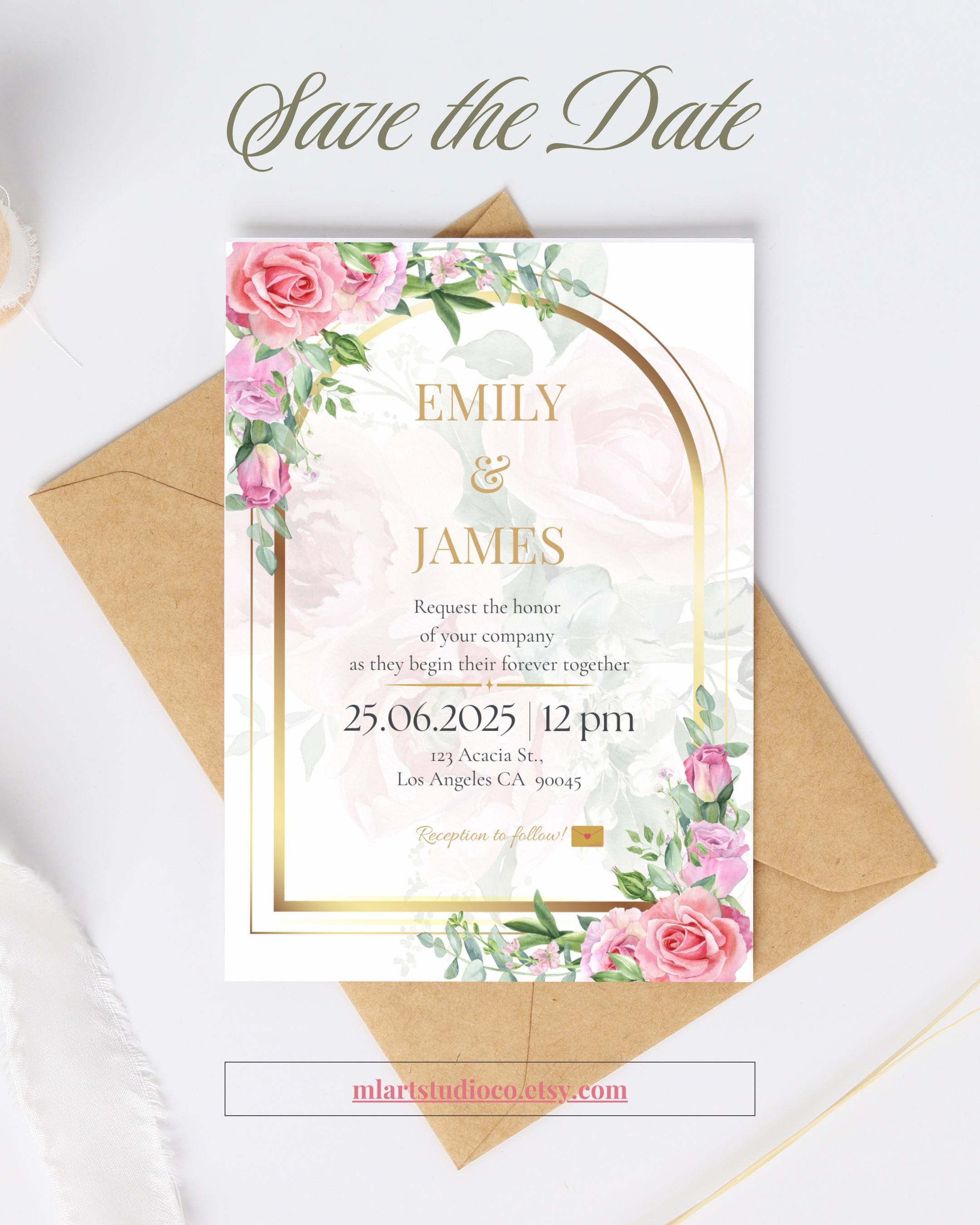 Editable Wedding Invitation Template – Floral Gold Arch Design – Canva Template – Printable Invite – Instant Download PDF