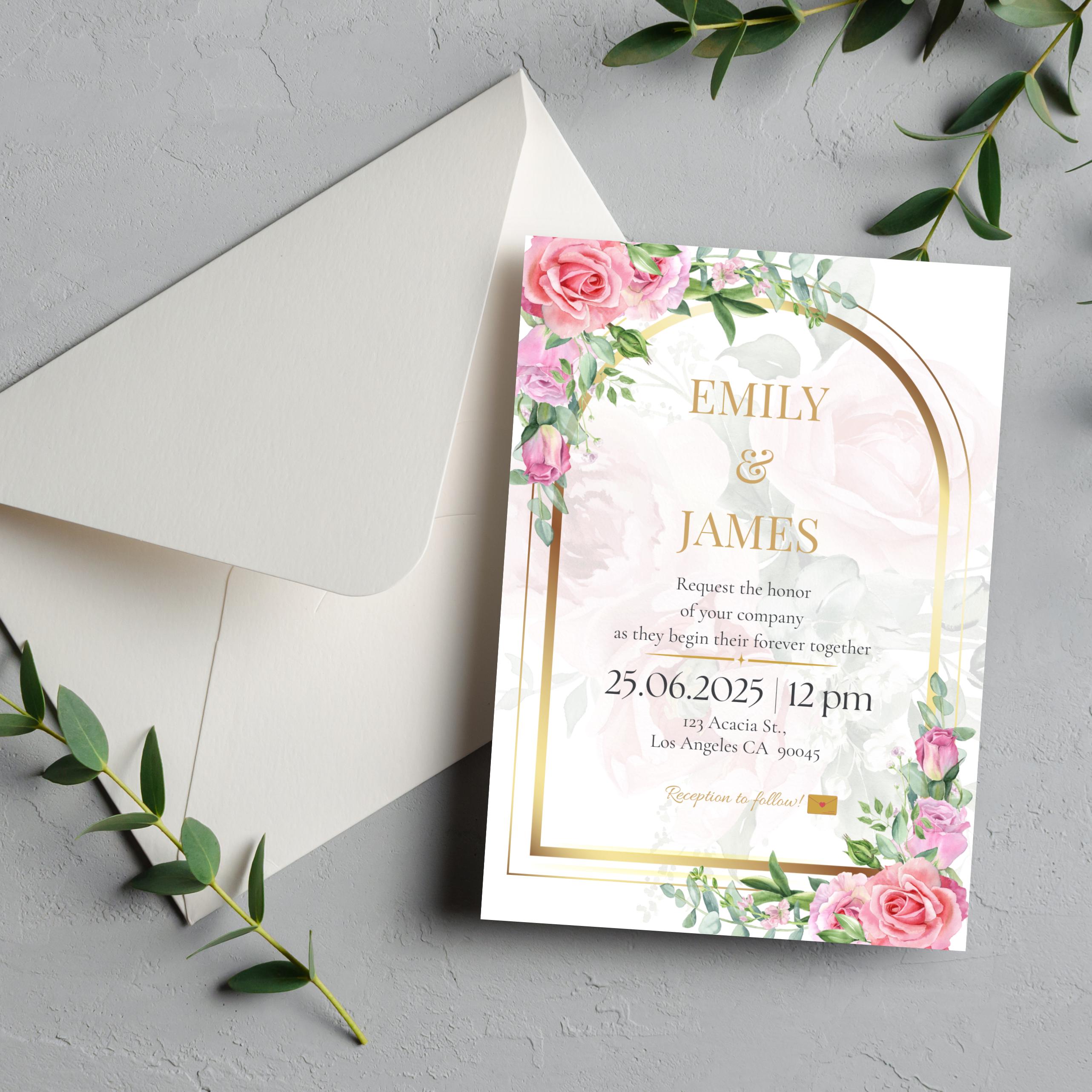 Editable Wedding Invitation Template – Floral Gold Arch Design – Canva Template – Printable Invite – Instant Download PDF