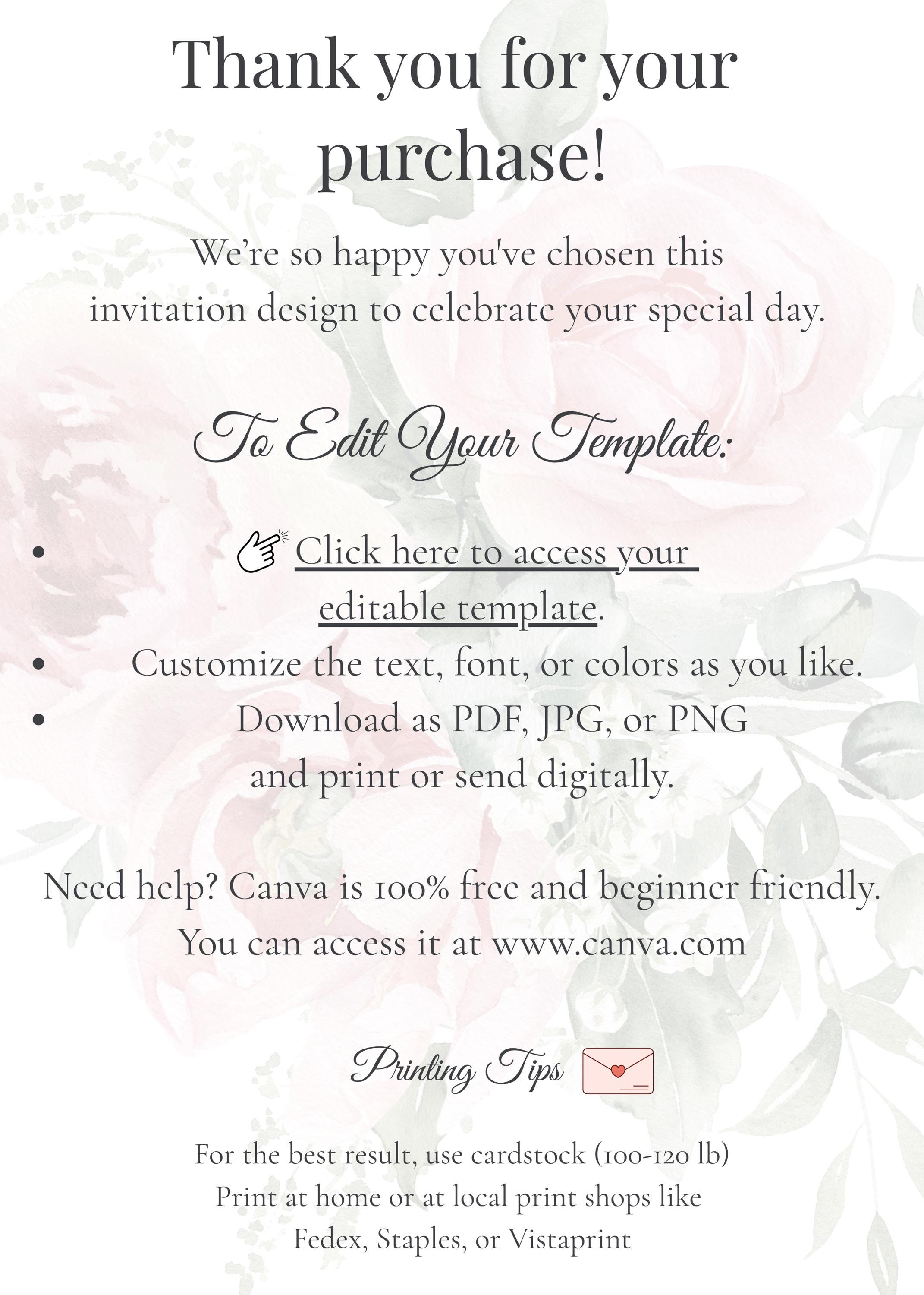 Editable Wedding Invitation Template – Floral Gold Arch Design – Canva Template – Printable Invite – Instant Download PDF