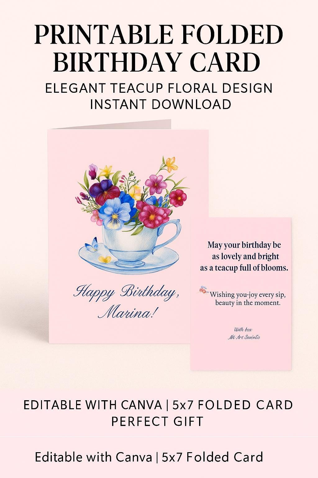 Editable Floral Birthday Card – Foldable Printable Greeting – Pink Watercolor Bouquet Template