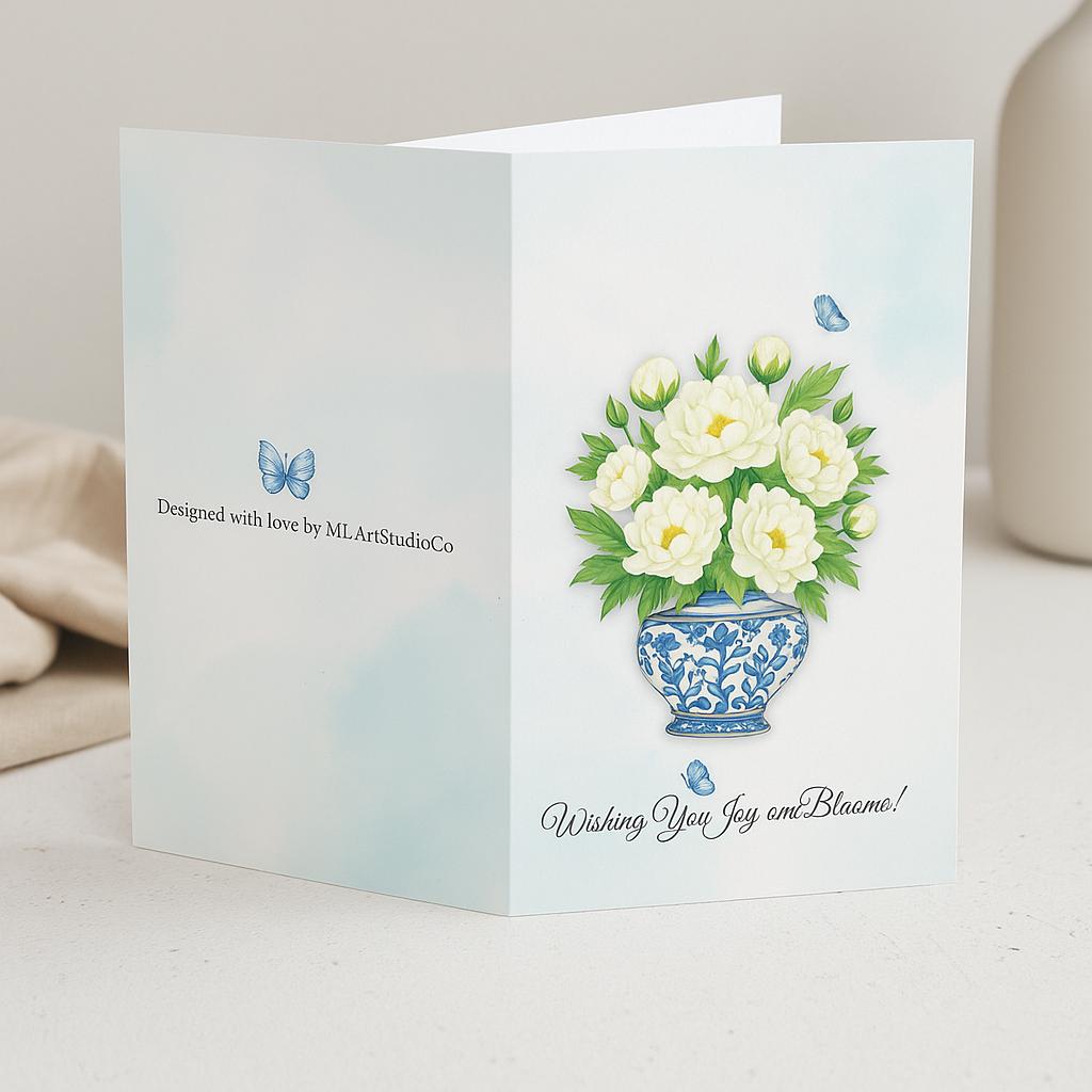 Editable Blue and White Vase Birthday Card | Printable Folded Floral Card with Peonies | Elegant Canva Template Birthday Card