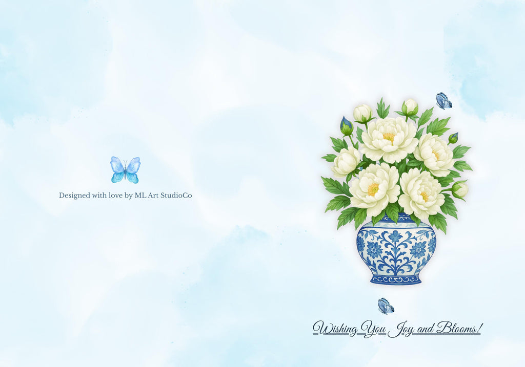 Editable Blue and White Vase Birthday Card | Printable Folded Floral Card with Peonies | Elegant Canva Template Birthday Card