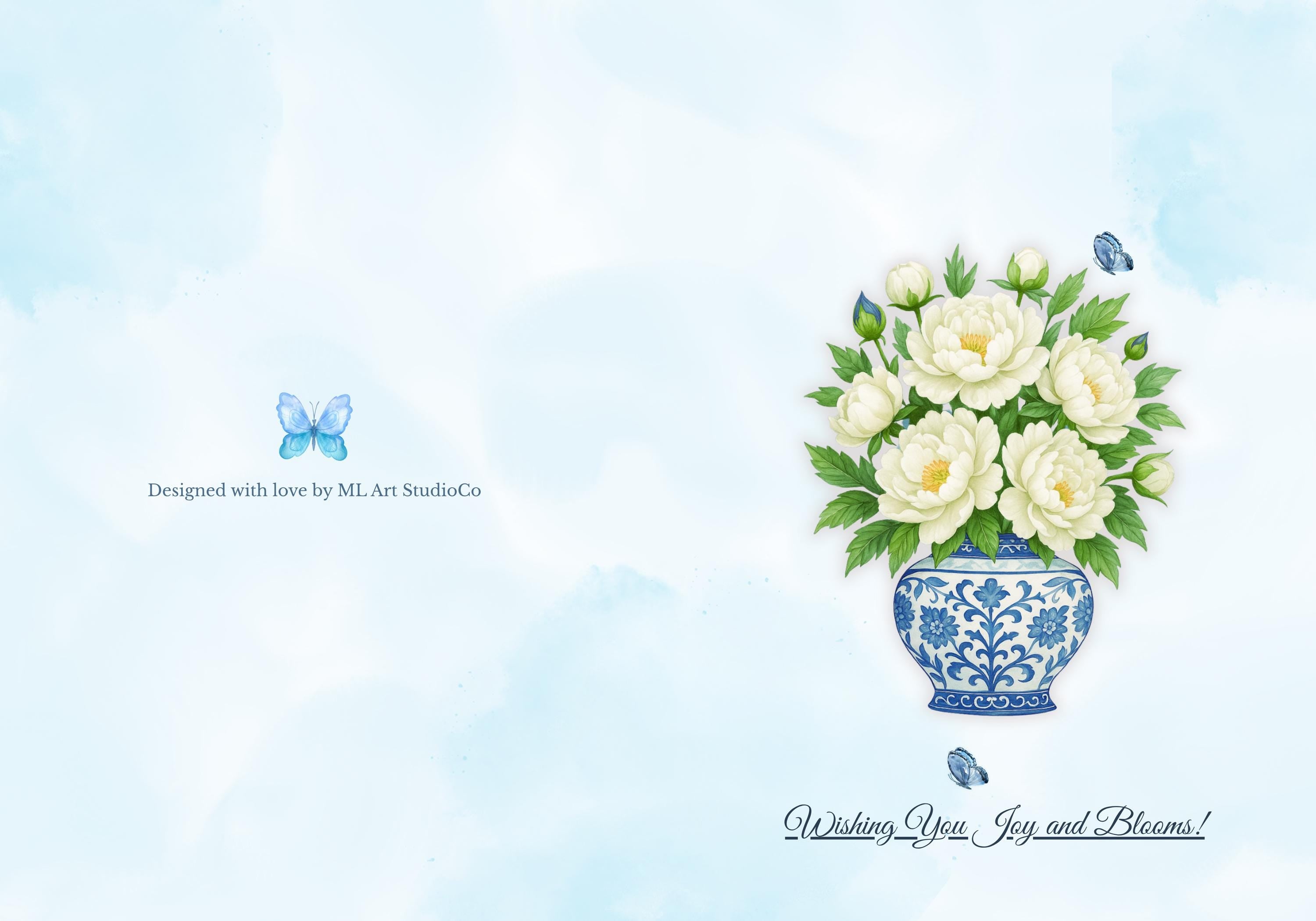 Editable Blue and White Vase Birthday Card | Printable Folded Floral Card with Peonies | Elegant Canva Template Birthday Card