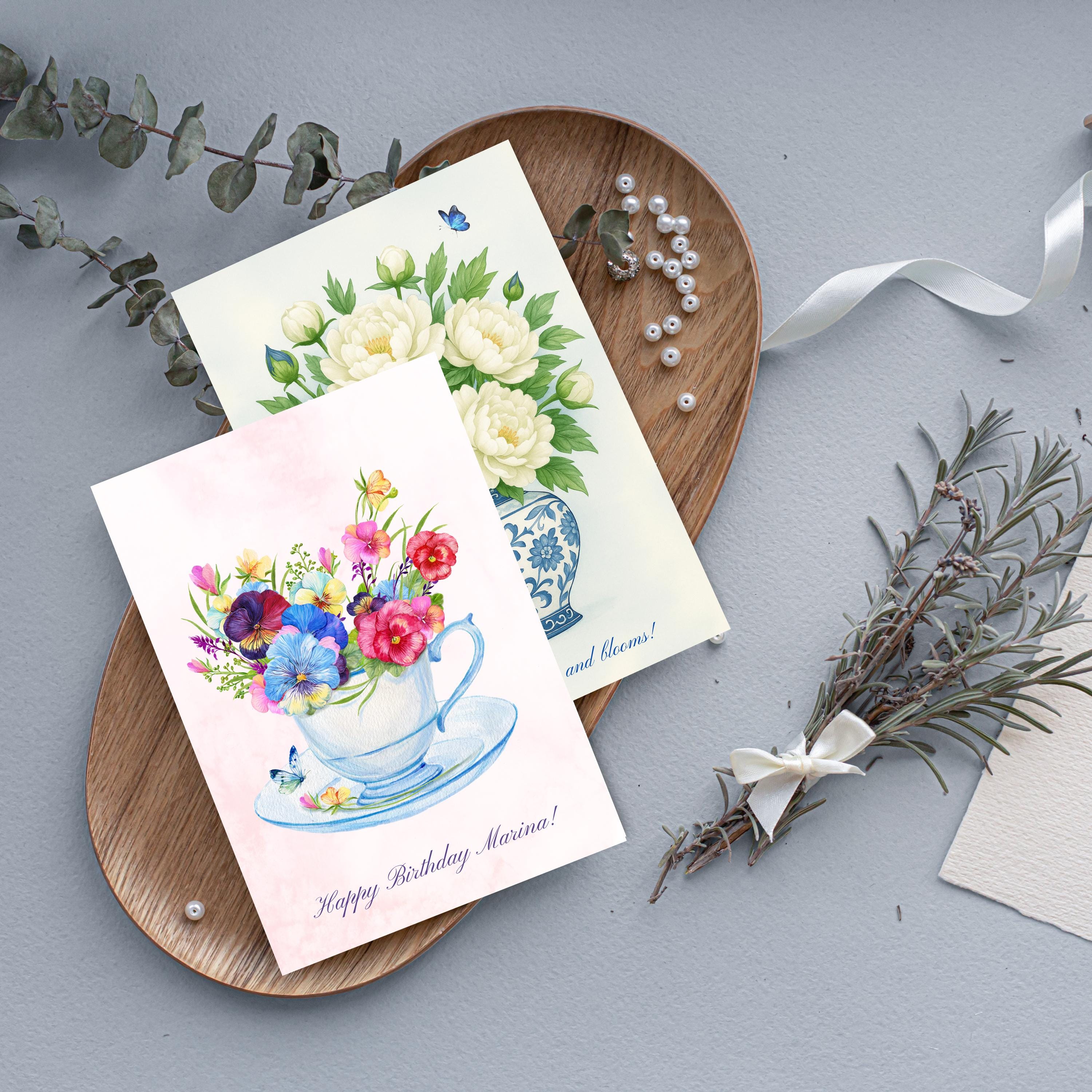 Editable Floral Birthday Card – Foldable Printable Greeting – Pink Watercolor Bouquet Template