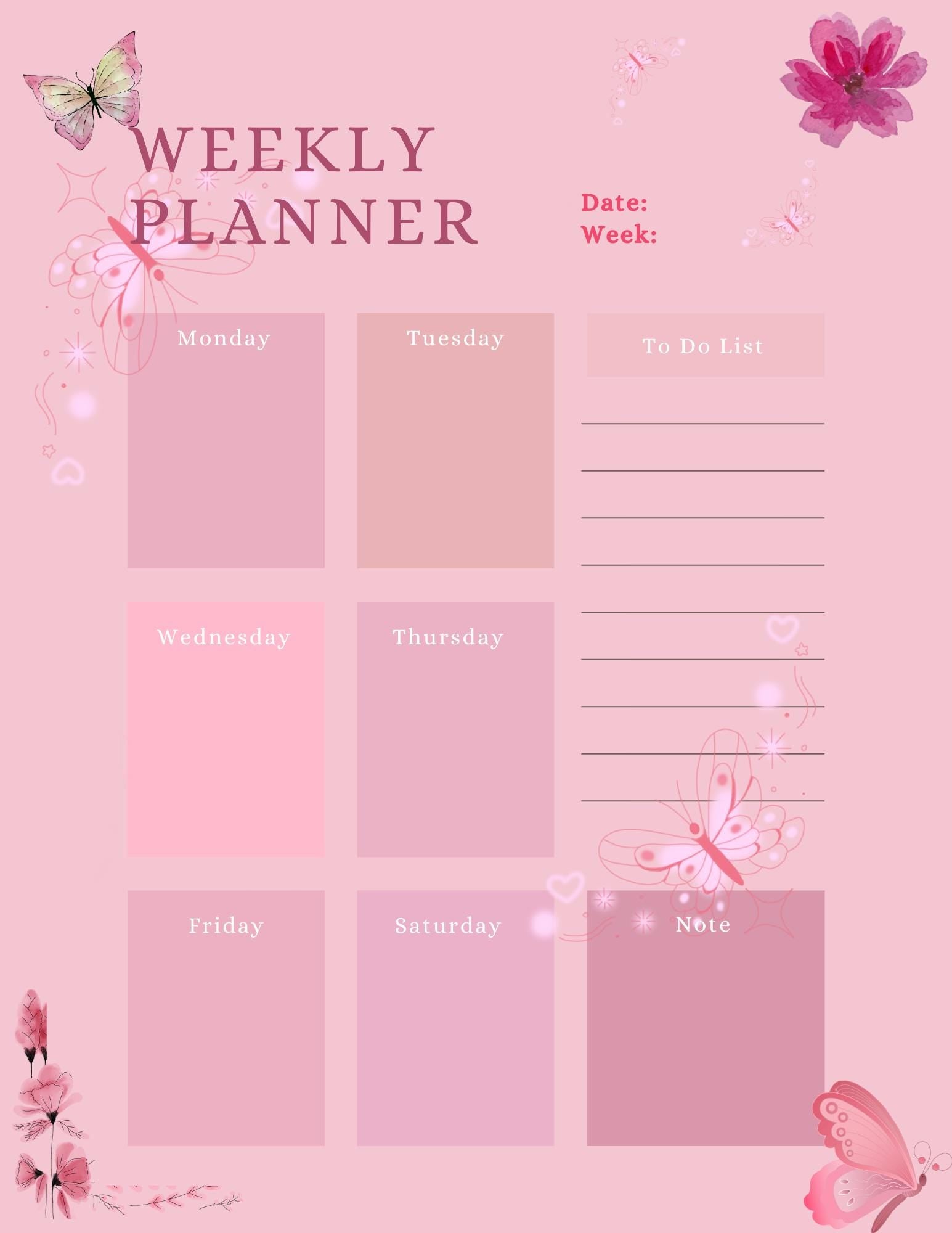 May include: A pink weekly planner with a butterfly and flower design. The planner has sections for Monday, Tuesday, Wednesday, Thursday, Friday, Saturday, To Do List, and Note.