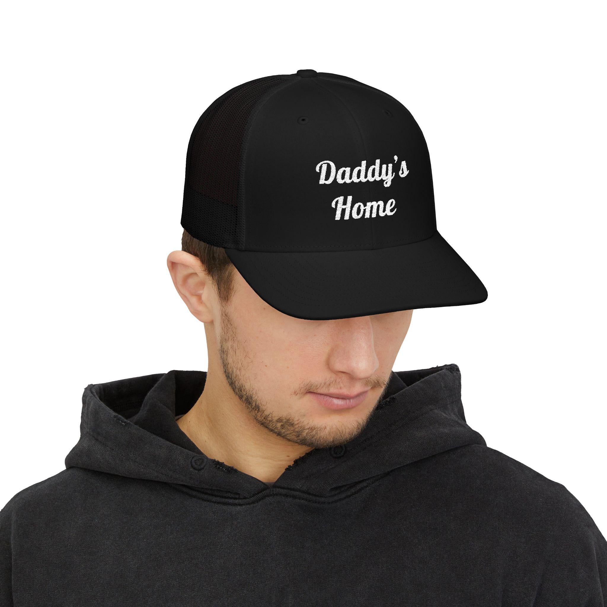 Embroidered Trucker Cap, Daddy's Home Hat, Bold Snapback Cap, Structured Mesh Baseball Cap, Adjustable Snapback Trucker Hat, White