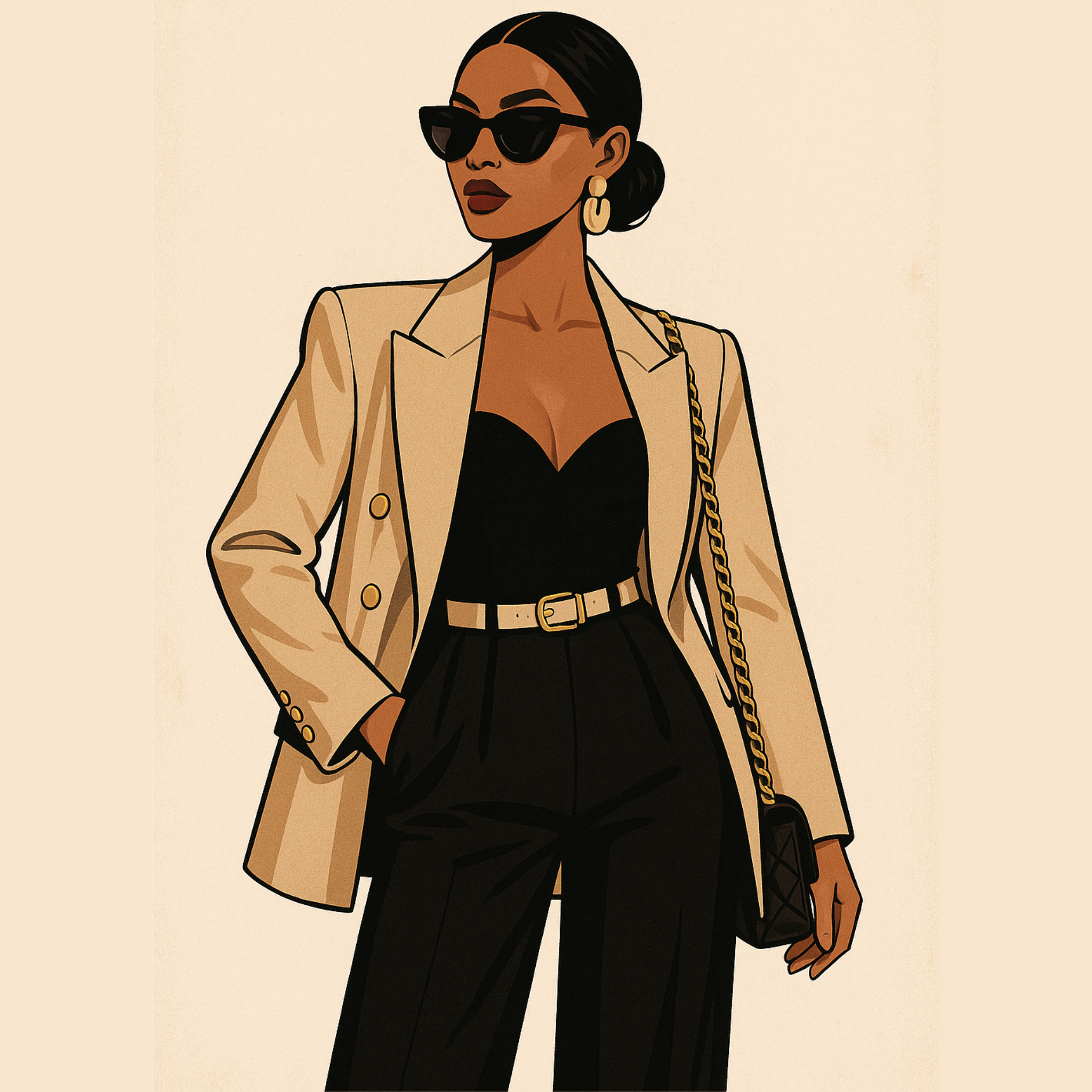 Illustration of a woman wearing a beige coat and black outfit on a beige background